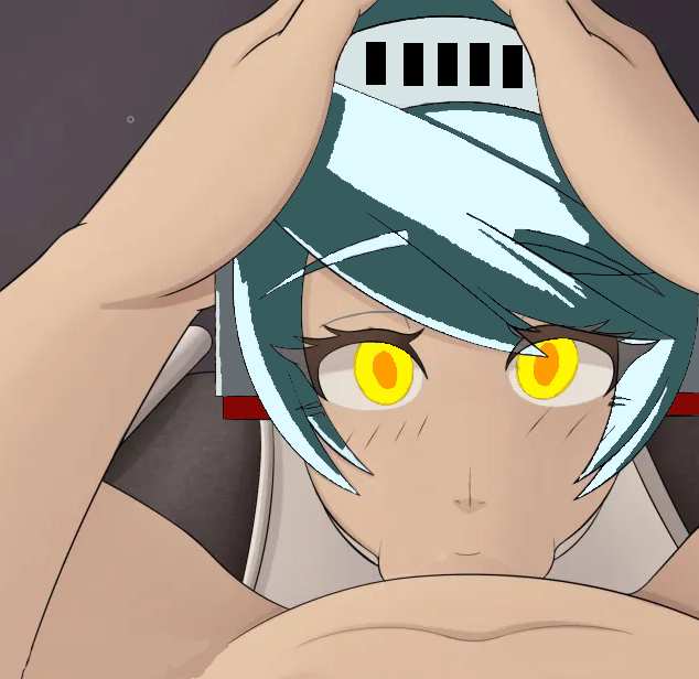 android blowjob blue_hair female holding_head labrys magna_ferra partial_male persona persona_4 persona_4_arena shadow_labrys yellow_eyes