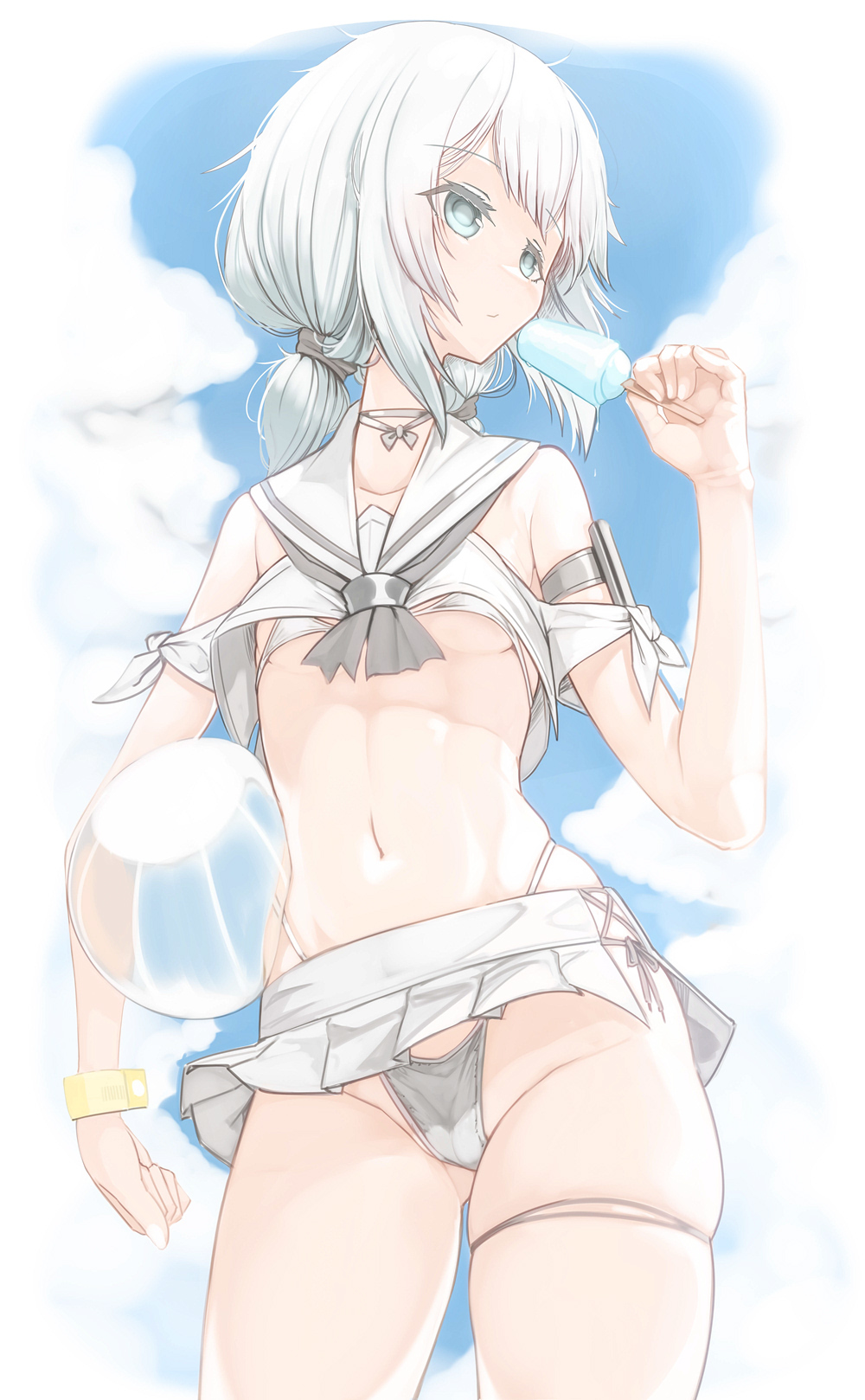 bikini genek ice_cream inner_thighs looking_at_viewer looking_down ocean sea skirt skirt_lift skirt_up slim_waist small_breasts teenager thick_thighs underwear water watersports white_hair