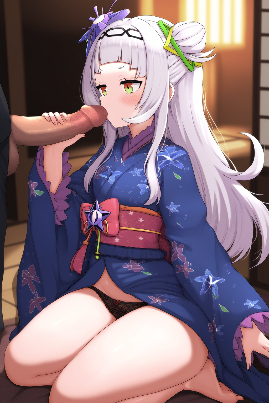 ai_generated blowjob gray_hair hololive hololive_japan murasaki_shion on_knees penis serious straight virtual_youtuber