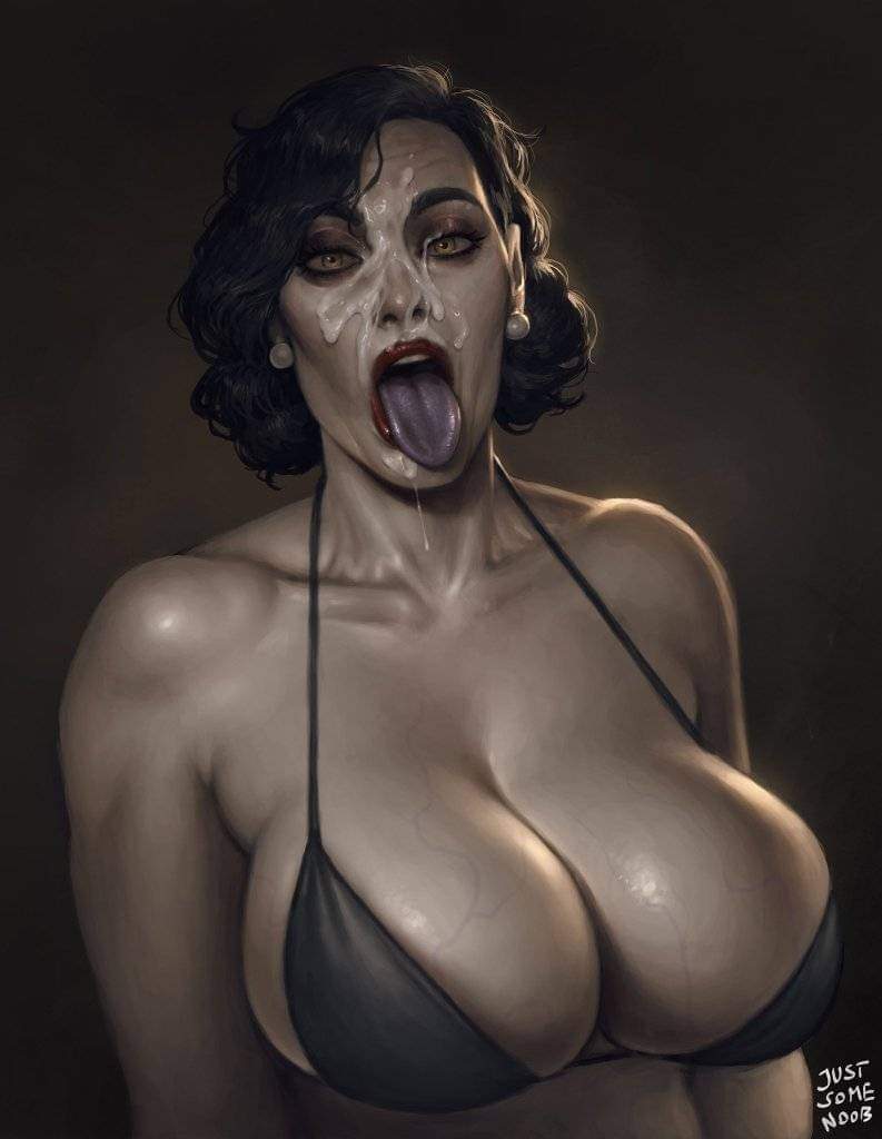 1girls, 2d, 2d (artwork), alcina dimitrescu, big breasts, breasts, cum, cum on face, female, female focus, female only, justsomenoob, lingerie, open mouth, resident evil, resident evil 8: village, tongue, tongue out