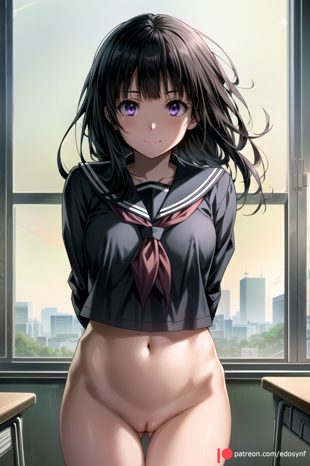 ai_generated arms_behind_back ass_visible_through_thighs bangs black_hair black_sailor_collar black_serafuku black_shirt blush bottomless breasts chitanda_eru classroom closed_mouth cowboy_shot crop_top desk edosynf female highres hyouka indoors long_hair long_sleeves looking_at_viewer navel neckerchief purple_eyes pussy red_neckerchief sailor_collar school_desk school_uniform serafuku shirt solo thigh_gap window