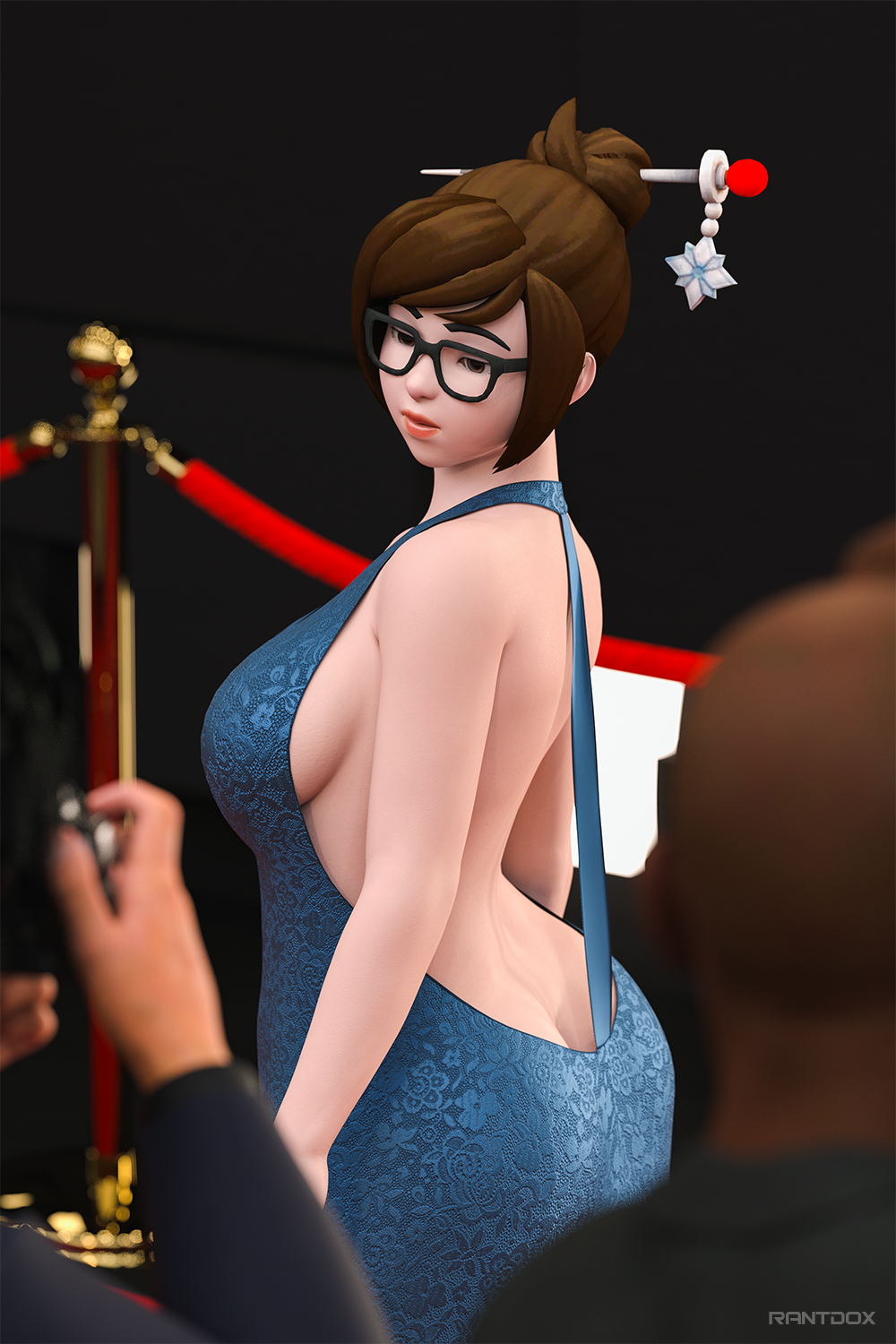 3d ass dress glasses mei_(overwatch) mei_ling_zhou overwatch overwatch_2 rantdox red_carpet sideboob thick thick_ass unseen_male_face