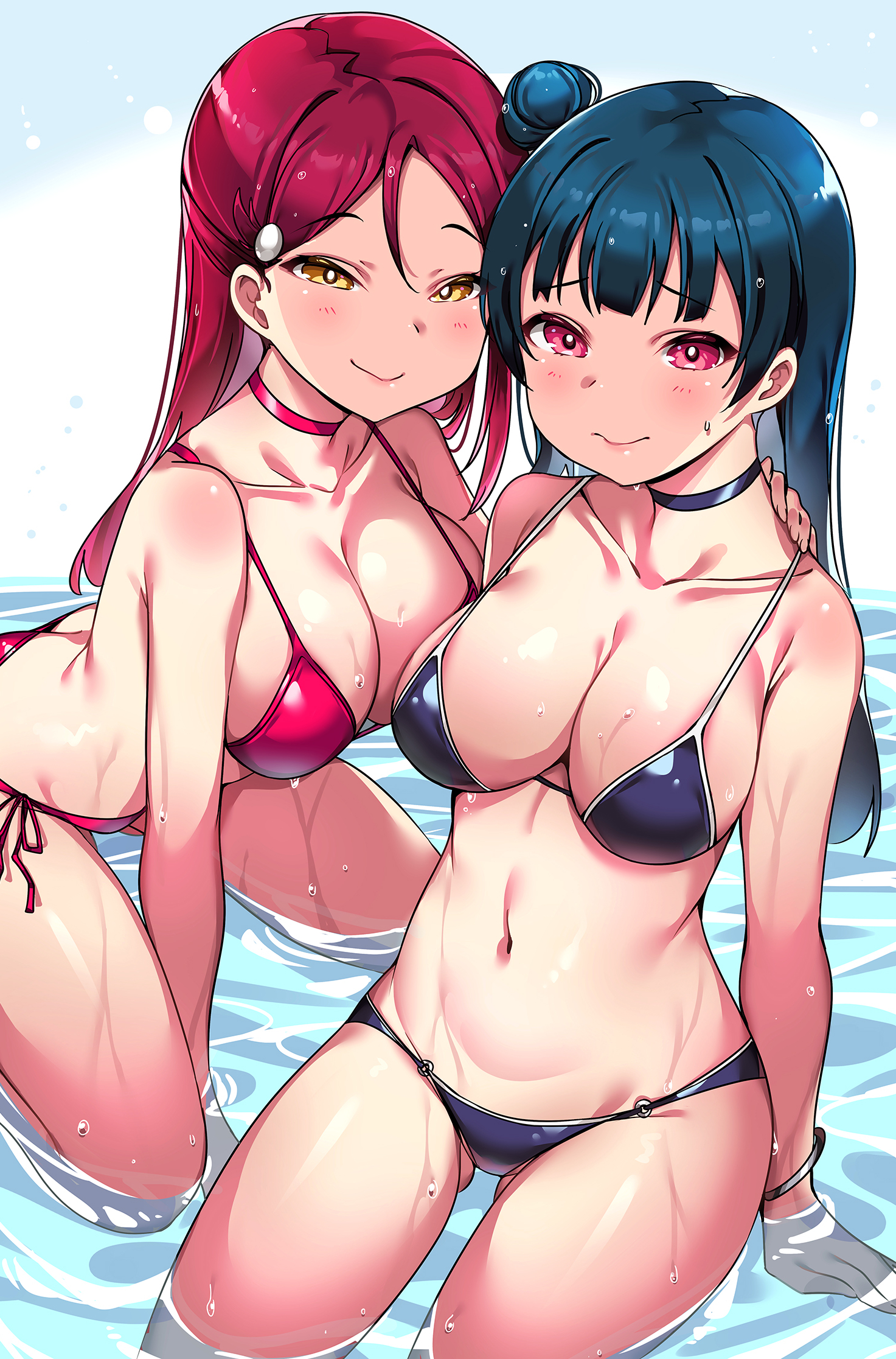 2girls, archway of venus, ass, ass cleavage, ass crack, bare shoulders, bikini, blue hair, blush, bracelet, breasts, butt crack, choker, clavicle, cleavage, closed mouth, eyebrows visible through hair, female, female only, hair bun, hips, jewelry, large breasts, lips, long hair, looking at viewer, love live!, love live! sunshine!!, multiple females, multiple girls, navel, pink eyes, posterior cleavage, purple bikini, red bikini, red hair, sakurauchi riko, side bun, sitting, stomach, swimsuit, tem10, thighs, tsushima yoshiko, water, wet, yellow eyes