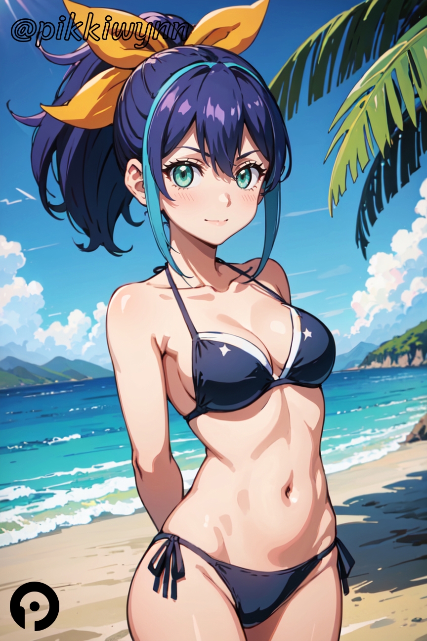 ai_generated arms_behind_back beach bikini black_bikini blue_hair blue_sky breasts cleavage cloud collarbone cowboy_shot day female looking_at_viewer medium_breasts multicolored_hair navel ocean outdoors pikkiwynn ponytail ribbon serena_(yu-gi-oh!_arc-v) side-tie_bikini_bottom sky smile solo swimsuit tree two-tone_hair yu-gi-oh!_arc-v