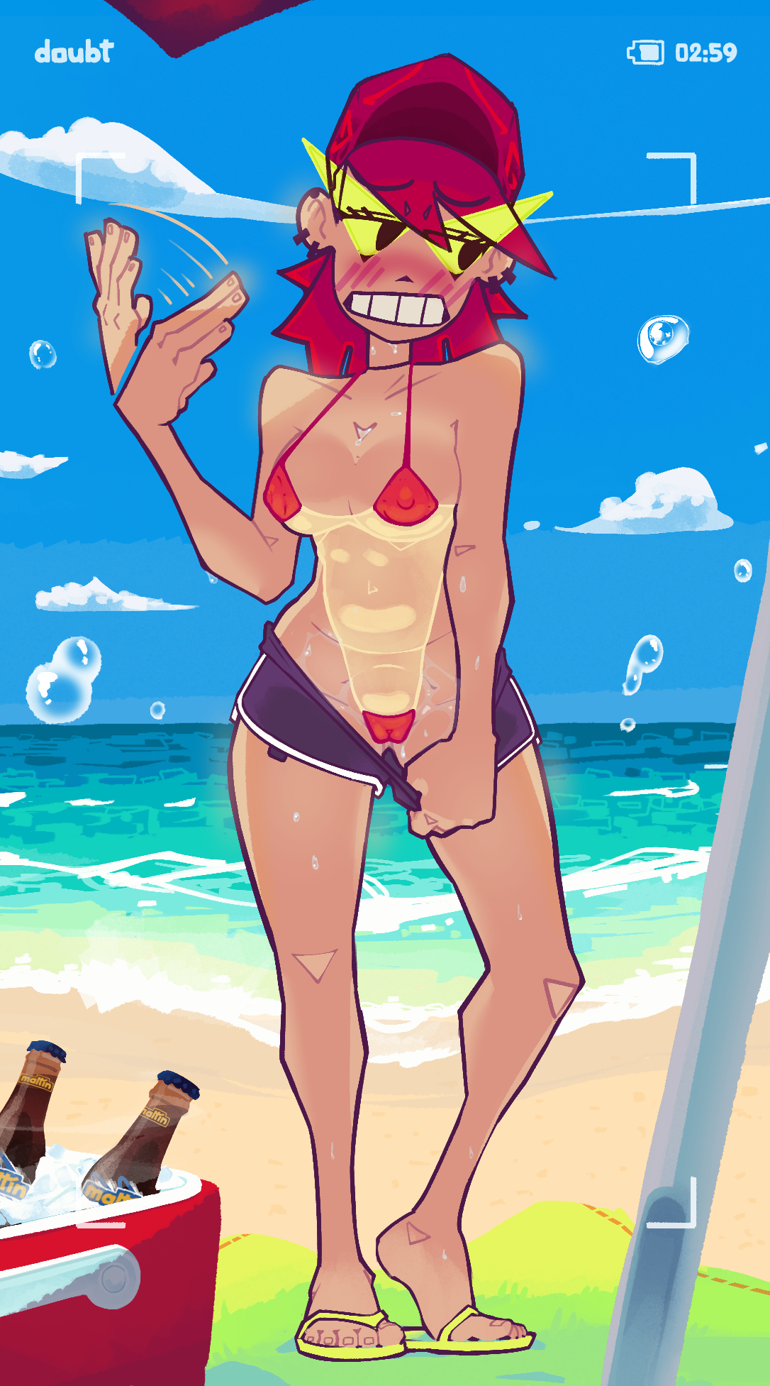 beach, blush, breasts, cloud, doubt (thedo ubt), female, foster's home for imaginary friends, frankie foster, full body, hat, navel, nipples, ocean, outdoors, red hair, sand, sandals, shorts, sky, solo, summer, sweat, swimsuit