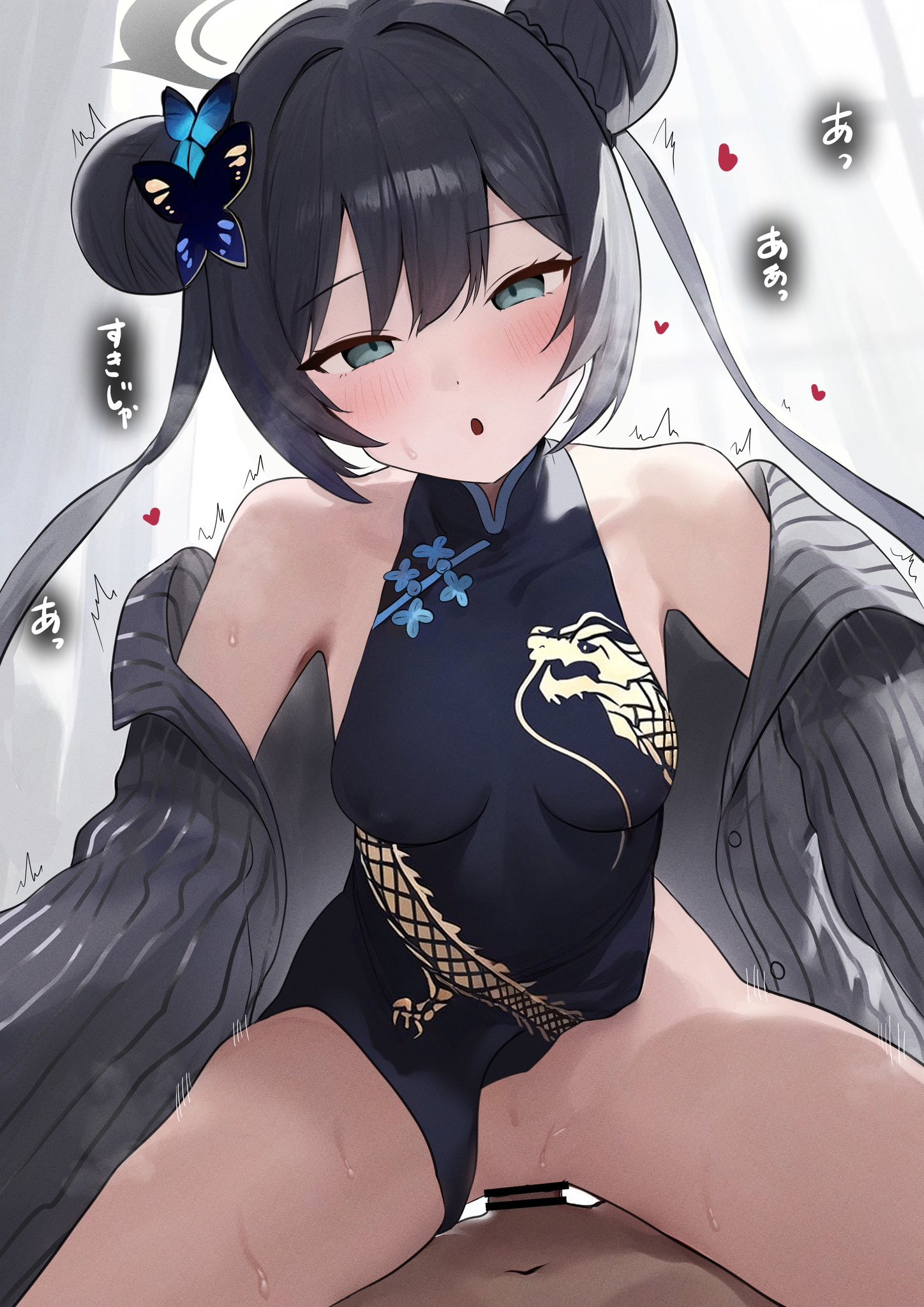 1boy, 1girls, bar censor, bare shoulders, black hair, blue archive, blush, breasts, censored, cowgirl position, double bun, female, female on top, genryumon (blue archive), green eyes, hair bun, kisaki (blue archive), koikawasachi, long hair, looking at viewer, male, off shoulder, open mouth, penis, pussy, sex, shanhaijing secondary school student, small breasts, solo focus, straddling, straight, student council president, sweat, vaginal penetration, vaginal sex
