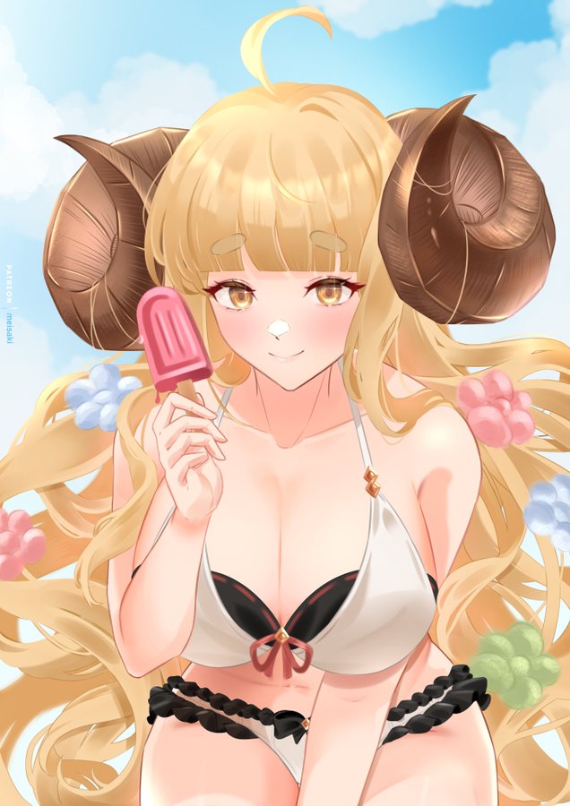 anila_(granblue_fantasy) draph_race_(granblue_fantasy) female_focus female_only granblue_fantasy ice_cream large_breasts meisaki solo solo_female solo_focus swimsuit