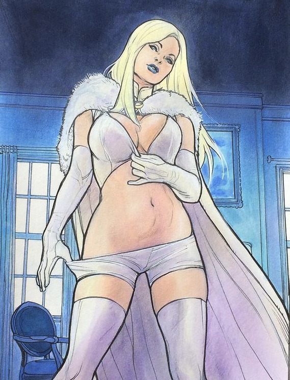 big_breasts blonde_hair blue_eyes blue_lipstick breasts emma_frost female female_only marvel marvel_comics opera_gloves thick_thighs thighhighs undressing victor_ibanez white_queen x-men