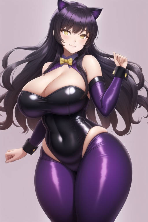 1girls ai_generated black_hair black_leotard blake_belladonna breasts cat_ears detached_collar detached_sleeves highleg highleg_leotard large_breasts leotard long_hair looking_at_viewer pantyhose playboy_bunny rwby transformationwitch wrist_cuffs yellow_eyes