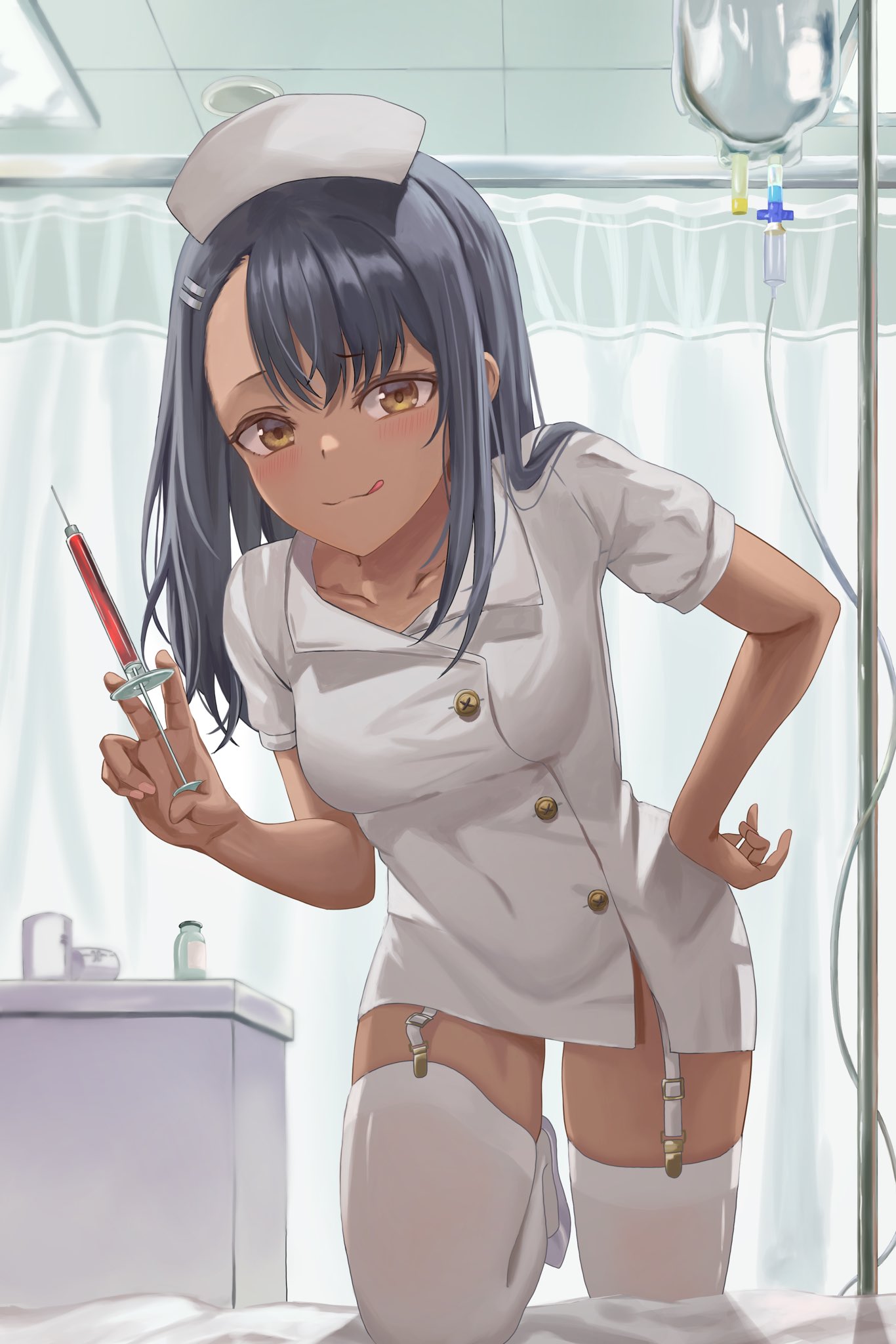 1girls, 2021, black hair, blush, breasts, brown eyes, clothed, female, female focus, female only, garter straps, hairclip, hand on hip, hayase nagatoro, hi res, holding object, hospital, hospital bed, idydwns, indoors, leaning forward, licking lips, long hair, looking at viewer, medium breasts, mischievous smile, nurse, nurse cap, nurse outfit, nurse uniform, petite, please don't bully me, nagatoro, short sleeves, smile, solo, solo female, syringe, tan, tan skin, tan-skinned female, thick thighs, thighhighs, thighs, tongue, tongue out, white clothing, white thighhighs