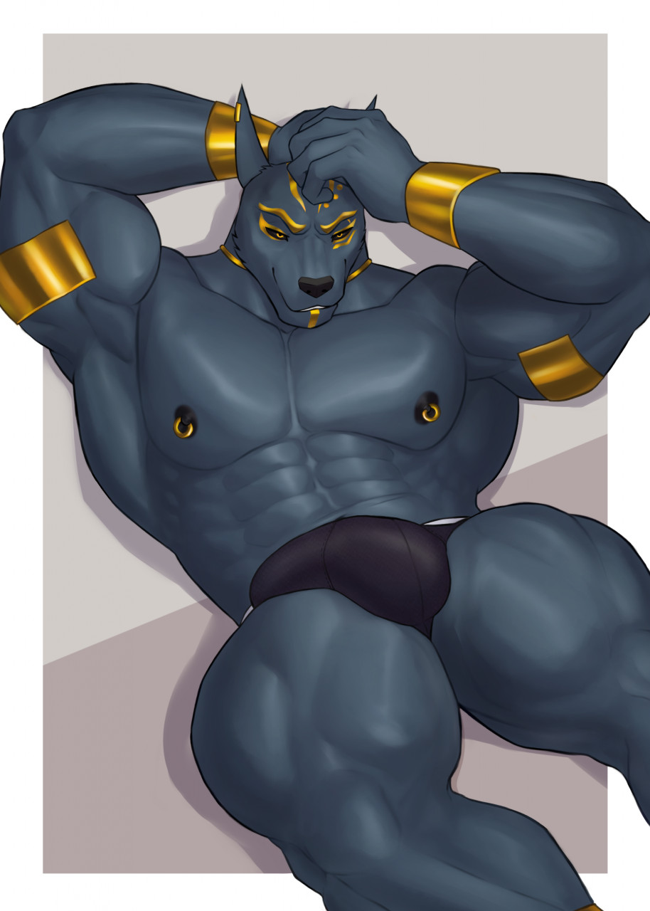 abs anthro anubian_jackal anubis areola biceps big_muscles black_areola black_body black_clothing black_nipples black_sclera black_underwear bracelet bulge canid canine canis clothing deity egyptian_mythology fingers genital_outline gold_(metal) gold_bracelet gold_jewelry gold_necklace gold_nipple_ring golden_eyebrows hi_res jackal jewelry male mammal middle_eastern_mythology muscular muscular_anthro muscular_male muscular_thighs mythology necklace nipples pecs penis_outline rsotart simple_background solo triceps underwear yellow_eyes