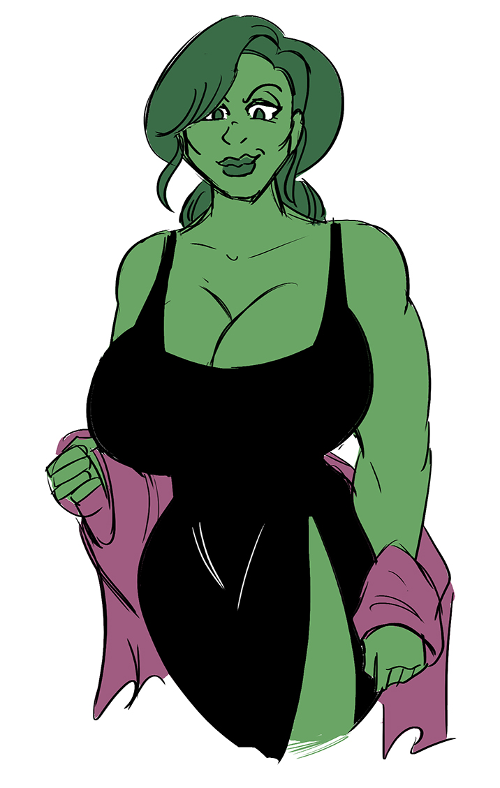 1girls, big breasts, black dress, breasts, busty, cleavage, curvaceous, curvy, curvy figure, digital drawing (artwork), digital media (artwork), dress, female, female only, giant breasts, glassfish, green body, green eyes, green hair, green skin, green-skinned female, hourglass figure, huge breasts, hulk (series), lips, marvel, marvel comics, muscular, muscular female, she-hulk, slim waist, solo, voluptuous, voluptuous female, white background, wide hips