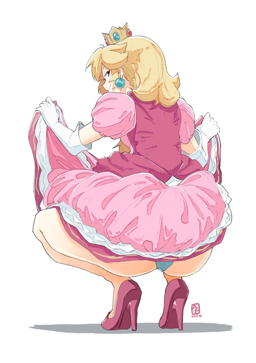 1girls ass automatic_giraffe big_ass blonde_hair blue_panties bubble_butt clothed clothes_lift clothing crown dress dress_lift female female_only from_behind full_body fully_clothed high_heels huge_ass human lifted_by_self long_hair looking_at_viewer looking_back mario_(series) nintendo panties pantyshot pantyshot_(squatting) pawg pink_dress presenting_ass presenting_hindquarters princess princess_peach red_eyes royalty seductive seductive_smile simple_background skirt_lift smile solo squatting underwear upskirt white_background