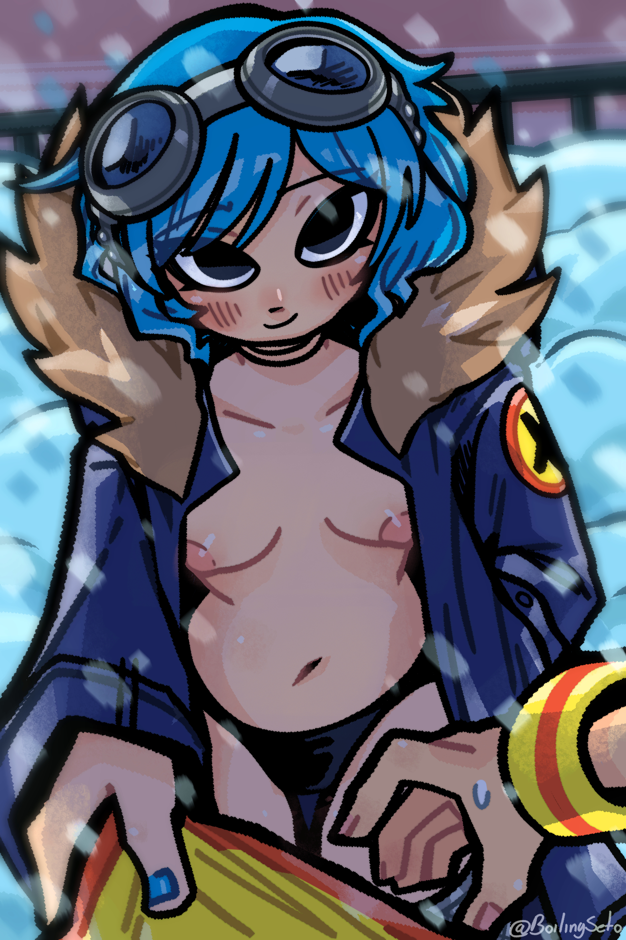 1boy, 1girls, black eyes, blue hair, blue nails, blush, boilingseto, breasts, coat, female, fur trim, goggles, goggles on head, male, nail polish, panties, pov, ramona flowers, scott pilgrim, scott w pilgrim, short hair, snow
