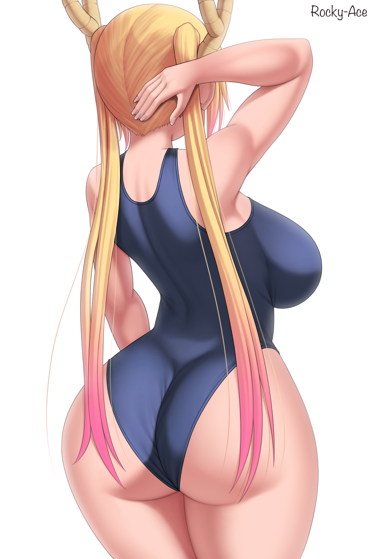 1girls, arm up, ass, back view, breasts, dragon girl, female, huge breasts, large ass, miss kobayashi's dragon maid, monster girl, rocky-ace, sideboob, solo, swimsuit, tohru (dragon maid), white background, wide hips