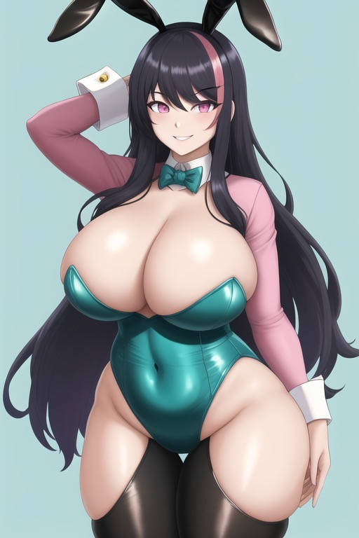 1girls ai_generated black_hair bowtie breasts bunny_ears detached_collar detached_sleeves fake_animal_ears genderswap_(mtf) green_leotard large_breasts leotard lie_ren long_hair looking_at_viewer pink_eyes pink_streak playboy_bunny rwby streaked_hair thighhighs transformationwitch