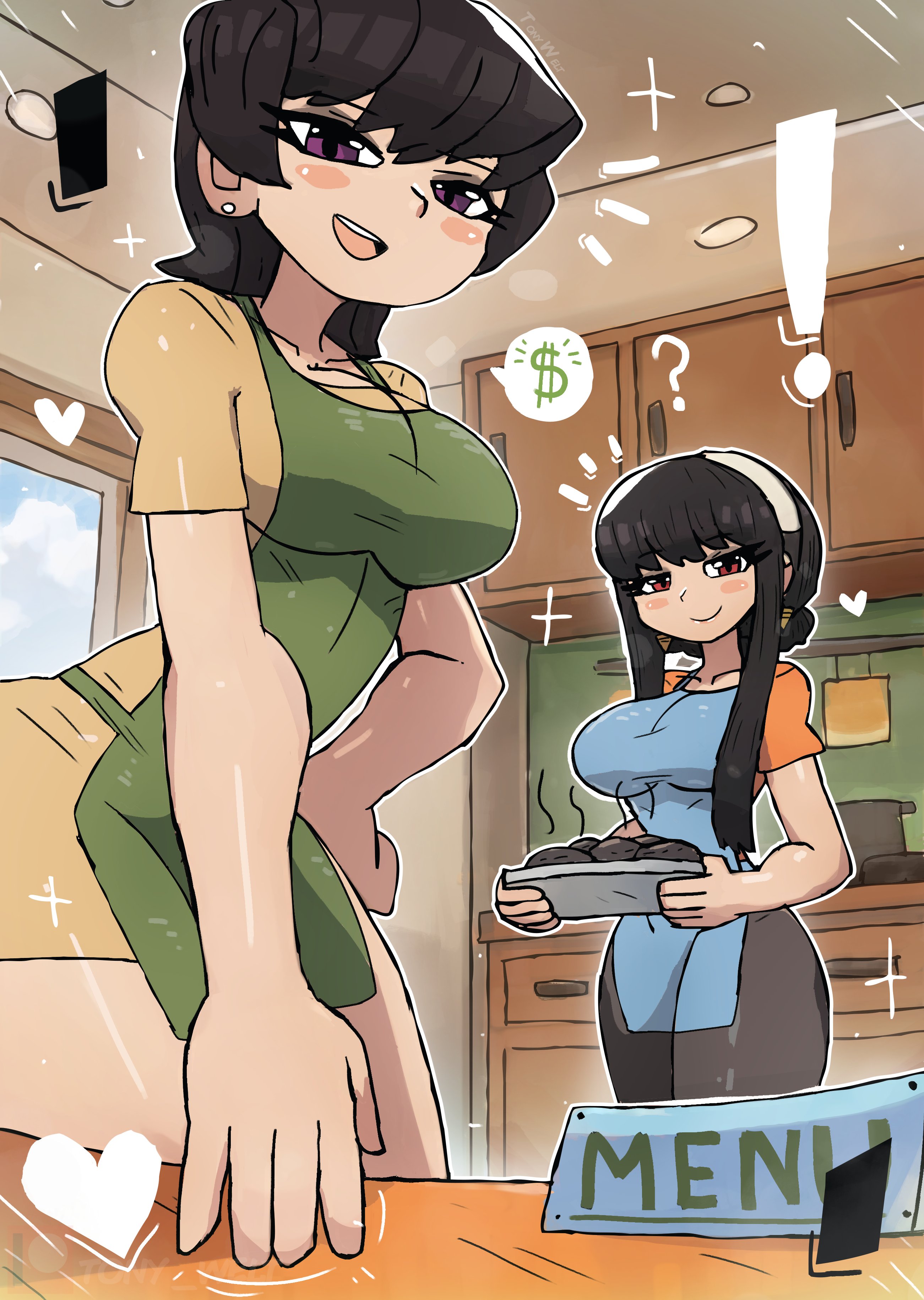 2girls, apron, black hair, breasts, crossover, female, female only, human, komi shuuko, komi-san wa komyushou desu, milf, multiple females, multiple girls, spy x family, thighs, tony welt, wide hips, wife and wife, yor briar, yor forger