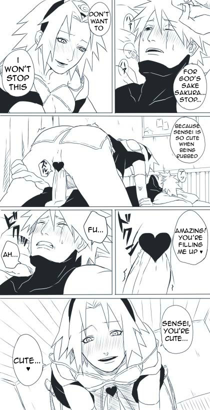 1boy, 1girls, age difference, assertive female, blush, cowgirl position, dialogue, english text, erect penis, female, female on top, female penetrated, hatake kakashi, horny female, lying on back, male, male/female, naruto, naruto (series), naruto shippuden, penetration, penis, penis in pussy, pussy, sakura haruno, scar across eye, sex, speech bubble, teacher and student, translated, younger female