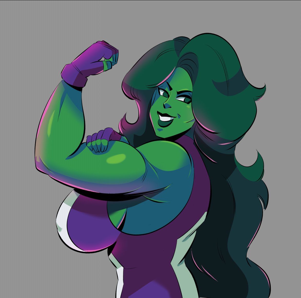 1girls, big breasts, breasts, busty, digital drawing (artwork), digital media (artwork), female, female only, fingerless gloves, flexing bicep, glassfish, gloves, green body, green eyes, green hair, green skin, green-skinned female, hero, heroine, huge breasts, hulk (series), large breasts, lips, long hair, looking over shoulder, marvel, marvel comics, muscles, muscular, muscular female, she-hulk, side view, simple background, slim waist, solo, superhero, superheroine, upper body, voluptuous, voluptuous female, waist, we can do it, we can do it pose, wide hips