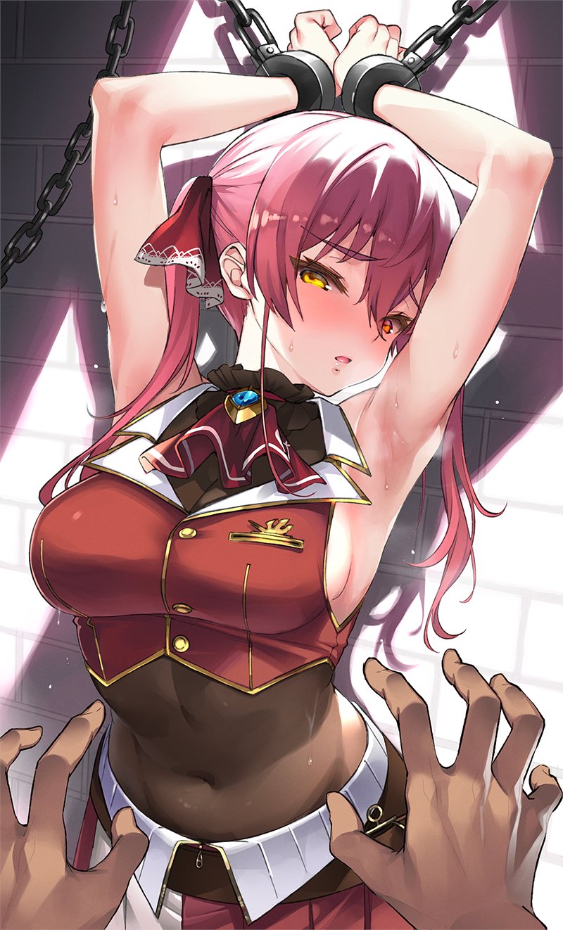 armpits artist_request bondage captain_marine chains dark-skinned_male hololive hololive_fantasy hololive_japan houshou_marine pirate sweat tied_up twintails virtual_youtuber vtuber