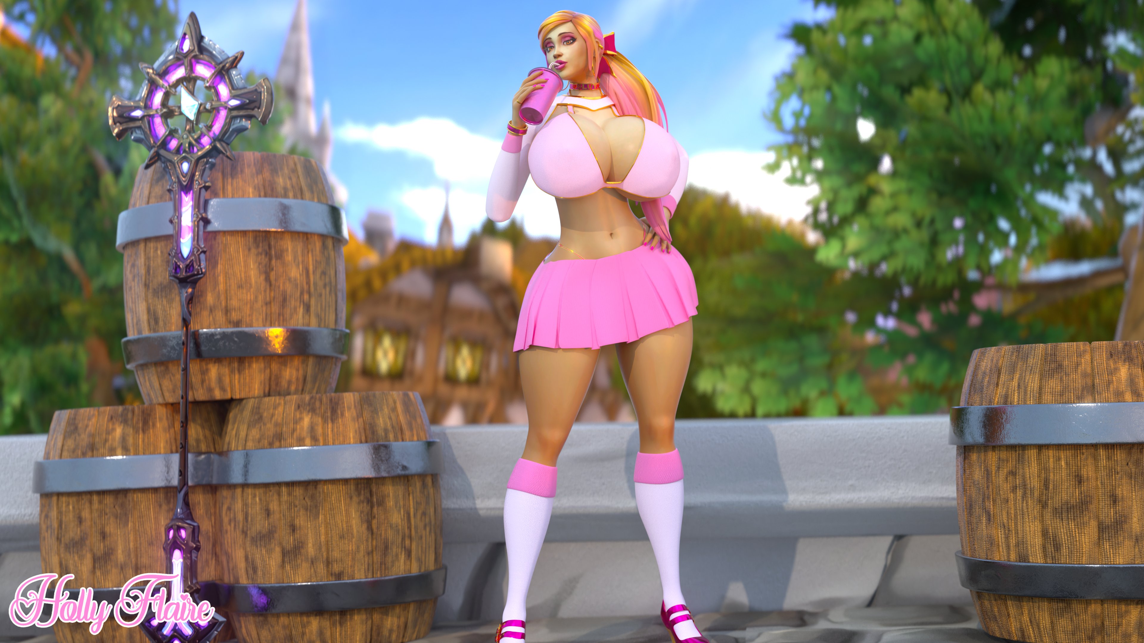1girls, big breasts, bimbo, blonde hair, breasts, busty, collar, curvy, curvy female, curvy figure, female, female only, holly flaire (valkyrien), huge breasts, human, human (warcraft), human (world of warcraft), legs, looking at viewer, miniskirt, necklace, pink skirt, pose, posing, sandals, skirt, slut collar, socks, solo, staff, thick, thick thighs, thighs, valkyrien, warcraft, world of warcraft, wow