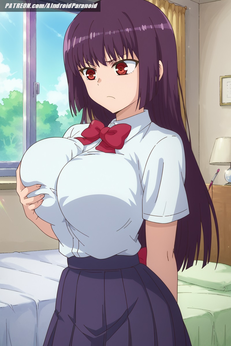 ai_generated aindroidparanoid bed bedroom big_breasts breasts busty curvy female female_only gigantic_breasts grabbing_own_breast huge_breasts indoors large_breasts massive_breasts narrow_waist nipples please_don't_bully_me,_nagatoro president_(nagatoro) pubic_hair purple_eyes purple_hair sana_sunomiya school_uniform schoolgirl shirt skirt slim_waist squeezing_breast stable_diffusion touching_breast voluptuous