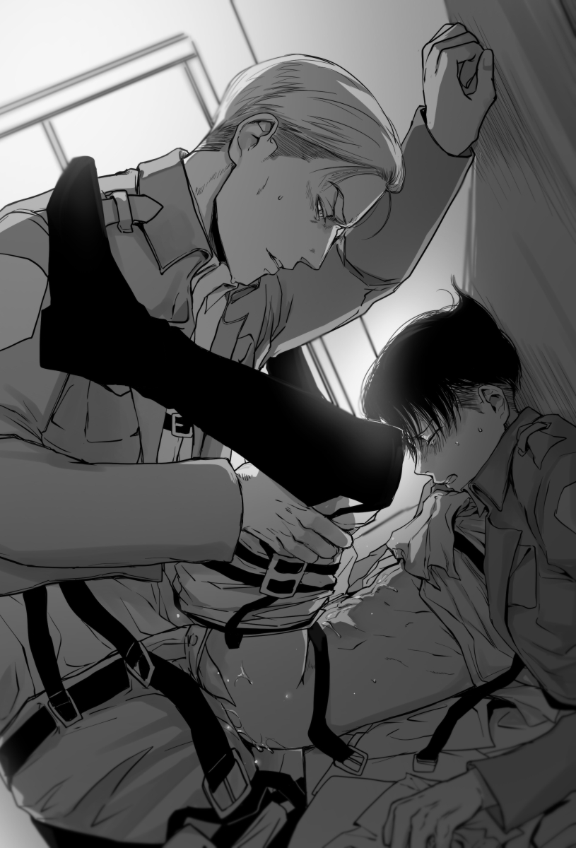 2boys, aidmaeee, anal, anal sex, attack on titan, boots, clothing, erwin smith, gay, gritted teeth, harness, legs apart, legs held open, legs up, levi ackerman, male, male only, male penetrated, male penetrating, male penetrating male, male/male, military uniform, monochrome, penetration, sex, shingeki no kyojin, size difference, undercut, uniform, yaoi