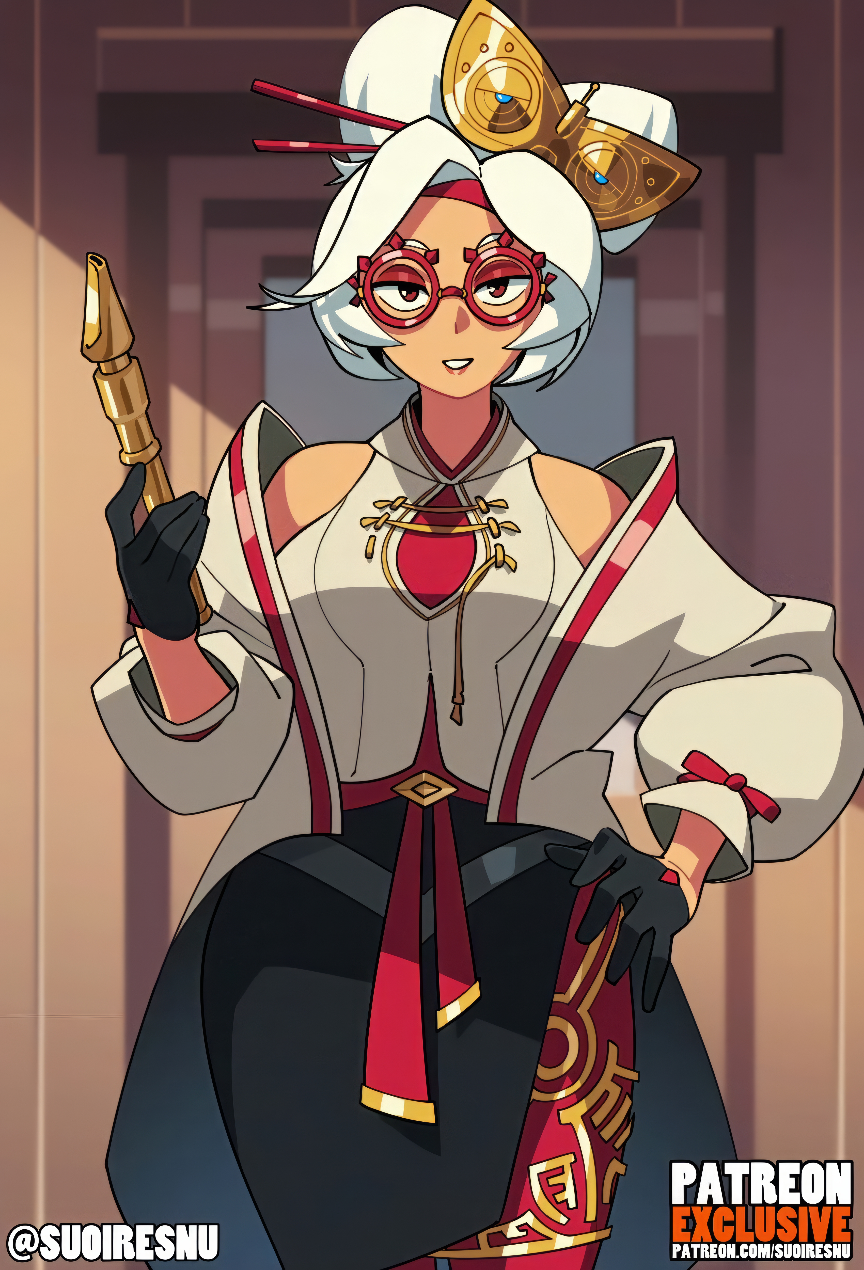1girls, breasts, clothed, female, glasses, hair bun, hair ornament, highres, lipstick, nintendo, purah, purah (tears of the kingdom), red eyes, standing, stitched, suoiresnu, tagme, tears of the kingdom, the legend of zelda, third-party edit, white hair