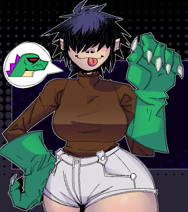 black_hair breasts clothing female gloves godzilla gorillaz hair_over_eyes handwear human lizard noodle_(desole) noodle_(gorillaz) pale_skin red_eyes sharp_claws shirt short_hair smile speech_bubble thick thick_thighs tongue voluptuous wide_hips xexeezy