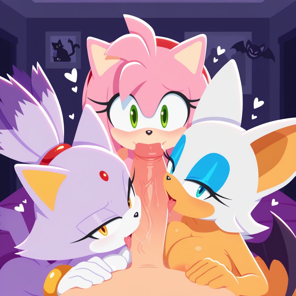 1boy, 3girls, ai generated, amy rose, animal ears, animal nose, anthro, ass, bat, bat wings, big penis, blaze the cat, blowjob, breasts, catgirl, cooperative fellatio, dog husky ai, female, flat colors, foursome, furry female, hedgehog girl, human, human on anthro, licking penis, looking at viewer, male, penis, rouge the bat, smiling, smiling at viewer, sonic (series), sonic the hedgehog (series), sucking, tail