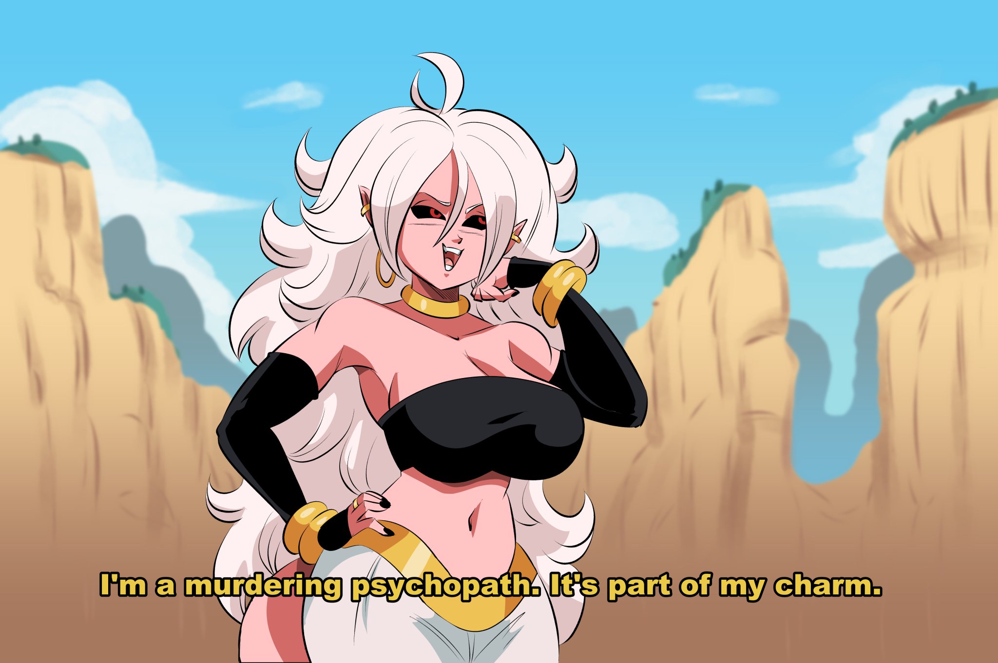 1girls, ahoge, android, android 21, android girl, arm sleeves, arm warmers, athletic, athletic female, bare shoulders, big breasts, black nails, black sclera, bracelets, breasts, bust, busty, chest, cleavage, clothing, clouds, collar, curvaceous, curvy, curvy figure, digital drawing (artwork), digital media (artwork), dragon ball, dragon ball fighterz, dragon ball super, dragon ball z, earrings, english text, female, female focus, fit, fit female, funsexydragonball, glassfish, gold collar, gold jewelry, hand on hip, hips, hoop earrings, hourglass figure, huge breasts, humanoid, jewelry, large breasts, lips, long hair, majin android 21, mature female, midriff, mountain, nail polish, narrow waist, navel, open mouth, outdoors, outside, pink body, pink skin, pointy ears, red eyes, ring, ring (jewelry), sleeves past wrists, slim waist, solo, stomach, tail, text, thick hips, thick legs, thick thighs, top heavy, top heavy breasts, tube top, tubetop, very long hair, voluptuous, voluptuous female, vomi (dragon ball), waist, white hair, wide hips