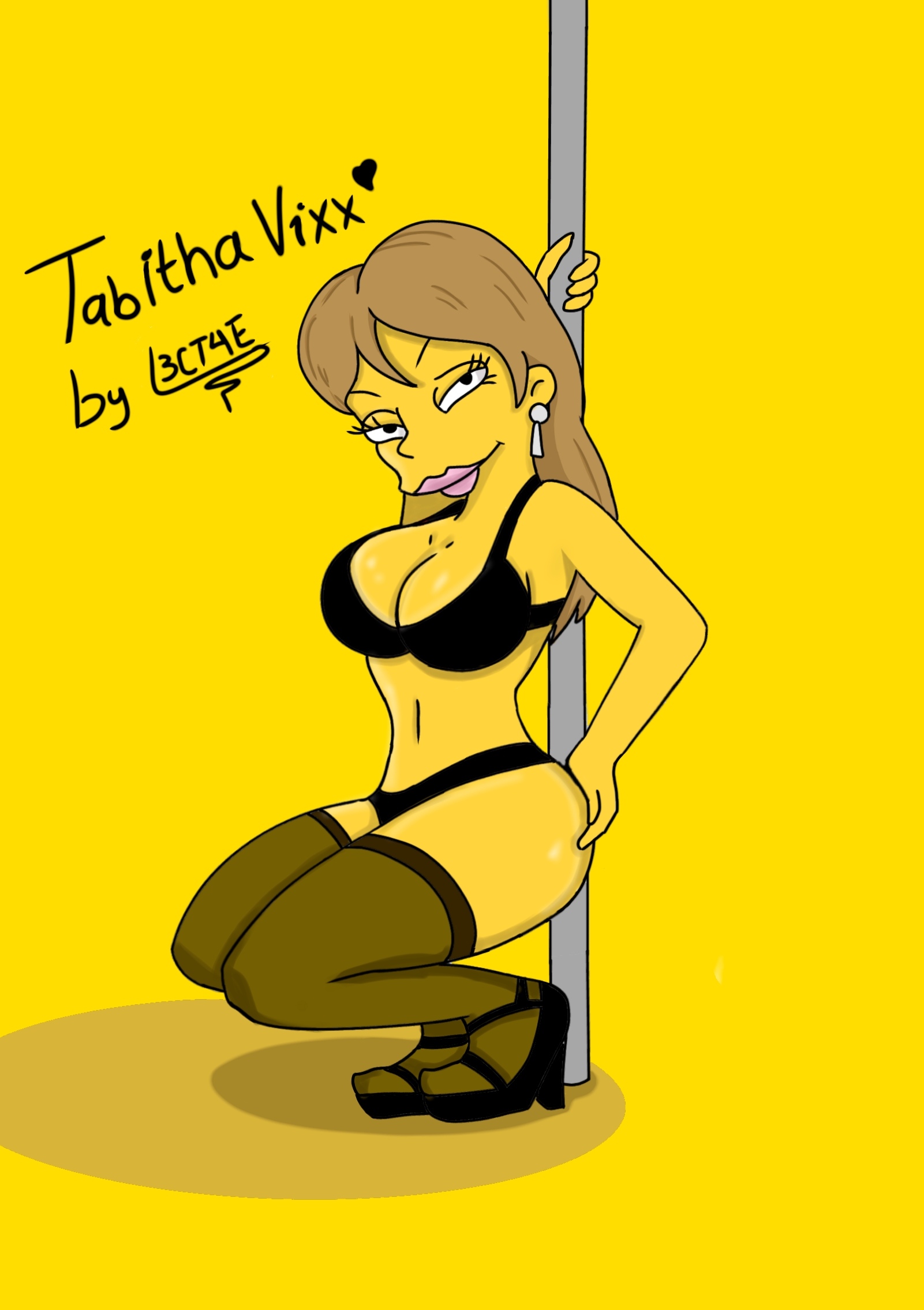 1girls, 20th century studios, accurate art style, artist request, big, bikini, black bra, black legwear, black panties, breasts, female, front view, heels, l3ct4e, looking at viewer, pole dancing, smile, smiling, stripper pole, suggestive gesture, suggestive pose, tabitha vixx, tagme, the simpsons, yellow body, yellow skin