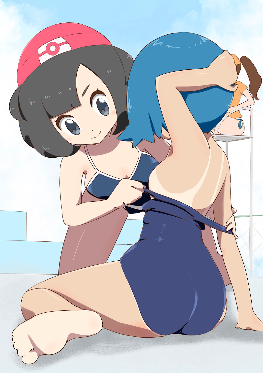 2girls, ass, breasts, female, female only, human, lana (pokemon), microsd (artist), multiple females, multiple girls, nintendo, one-piece swimsuit, pokemon, pokemon sm, selene (pokemon), small breasts, tanline, thick thighs, yuri
