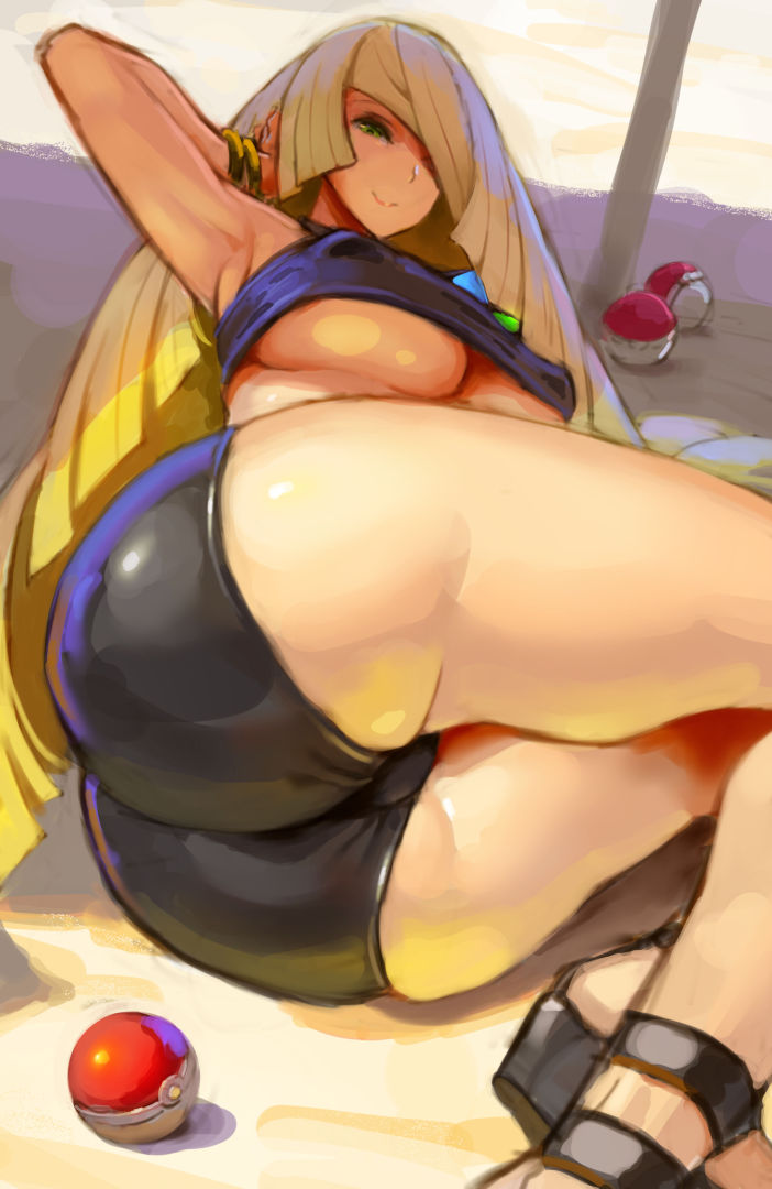 1girls alternate_breast_size ass beach big_breasts big_butt big_penis bikini blonde_hair breasts curvaceous female female_only green_eyes huge_breasts kazo large_breasts long_hair lusamine_(pokemon) mature_female milf nintendo poke_ball pokemon pokemon_sm solo thick_thighs thighs