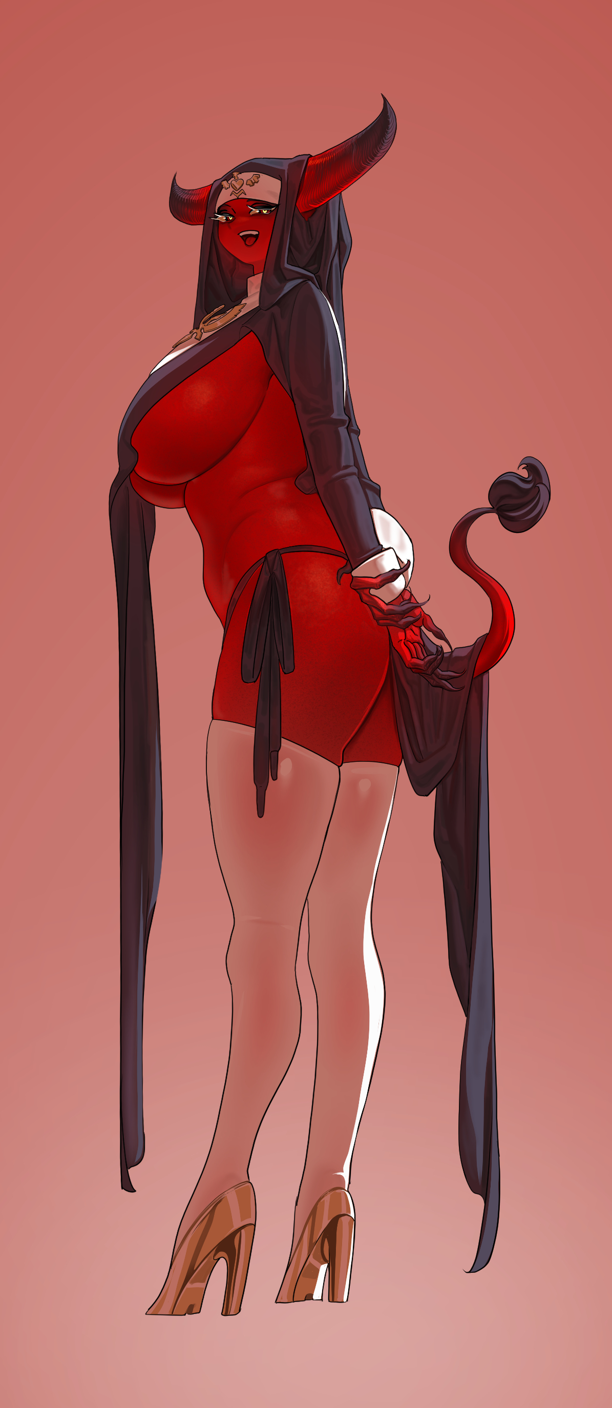 1girls, artist request, breasts, demon, demon girl, demon horns, demon tail, female, female only, heart-shaped pupils, heels, hi res, horns, huge breasts, long legs, looking at viewer, narrowed eyes, nun, nun's habit, red eyes, red skin, simple background, smiling, solo, solo female, tail, tail tuft, taller female, thighhighs, underboob, white thighhighs