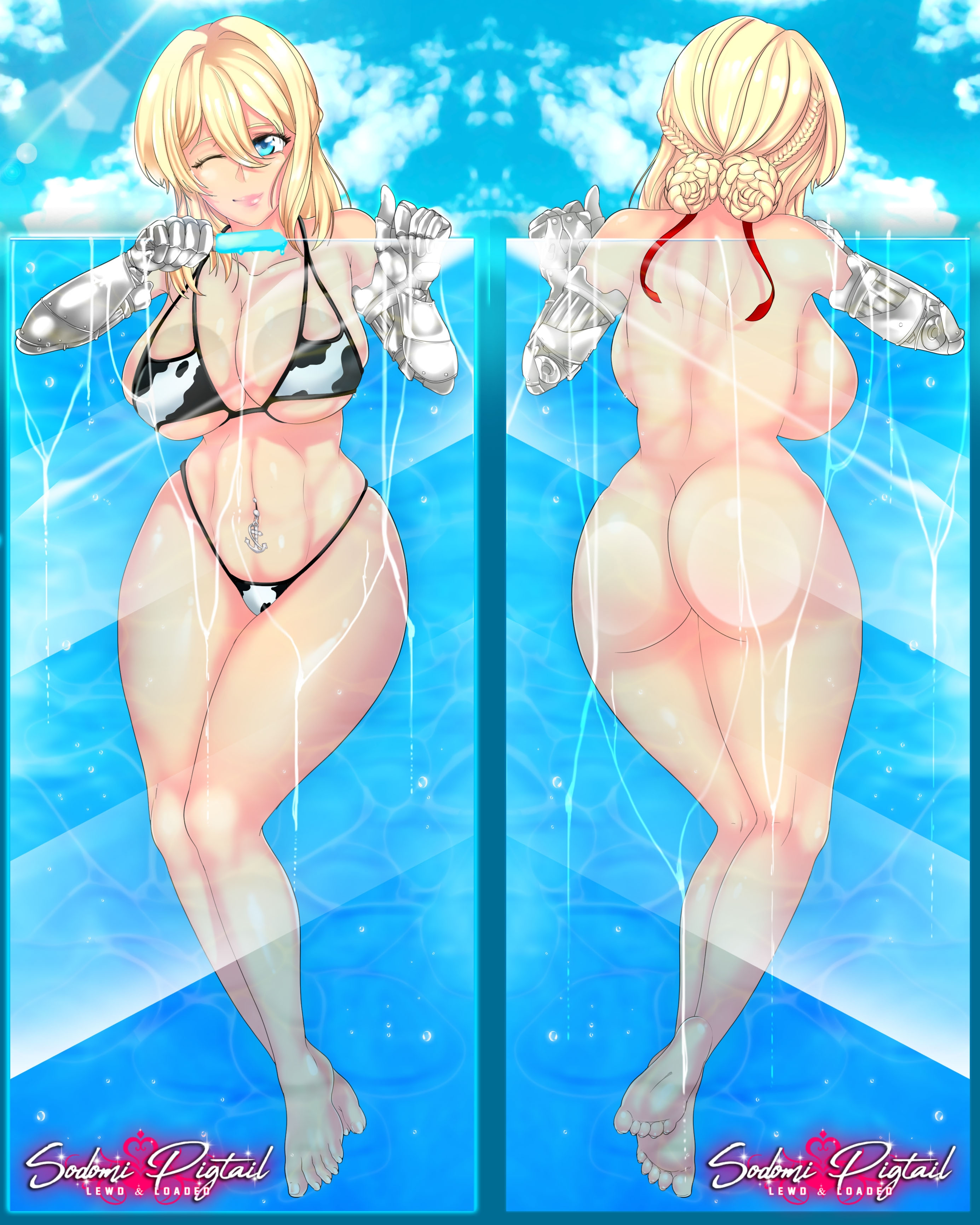 1girls, barefoot, bikini, bikini bottom, bikini top, blonde hair, blue eyes, blue sky, cow bikini, cow print, feet, female, human, one eye closed, one eye open, pool, poolside, prosthetic, prosthetic arm, prosthetic arms, sodomi pigtail, soles, toes, violet evergarden, violet evergarden (character)