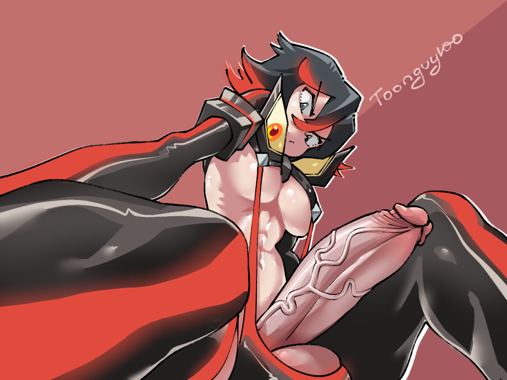 1futa, abs, balls, balls bulge, big penis, black hair, blush, breasts, clothed, clothing, futa only, futanari, huge cock, human, intersex, kill la kill, latex, latex suit, light skin, light-skinned futa, looking at viewer, low-angle view, matoi ryuuko, muscular, muscular futa, pale skin, partially clothed, penis, senketsu, simple background, solo, testicles, toonguy100, veiny penis