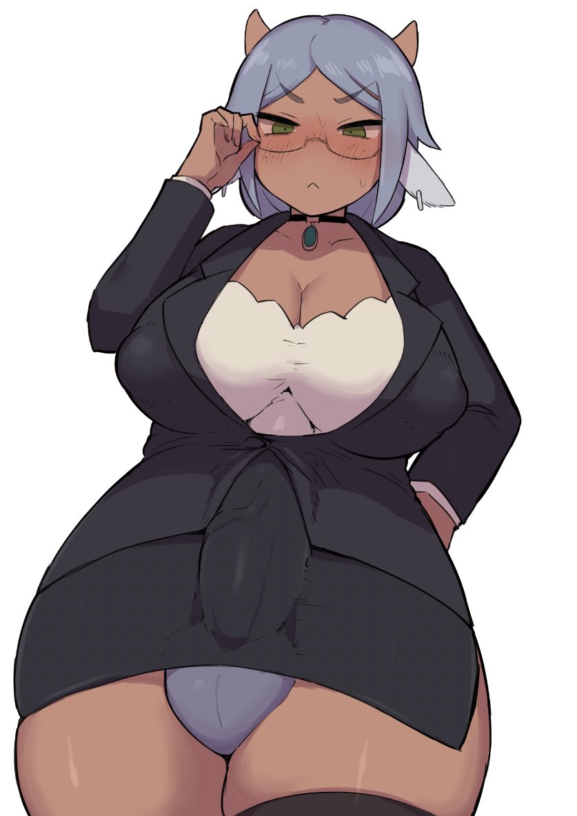 1futa, animal ears, balls, big breasts, big penis, blue hair, breasts, cleavage, clothed, clothing, dark skin, dark-skinned futa, erection under clothes, female, fully clothed, futa only, futanari, glasses, goat girl, goat horns, horns, humanoid, humanoid penis, intersex, kemonomimi, kusonikumarukun, office lady, penis, solo, standing, thick thighs, wide hips