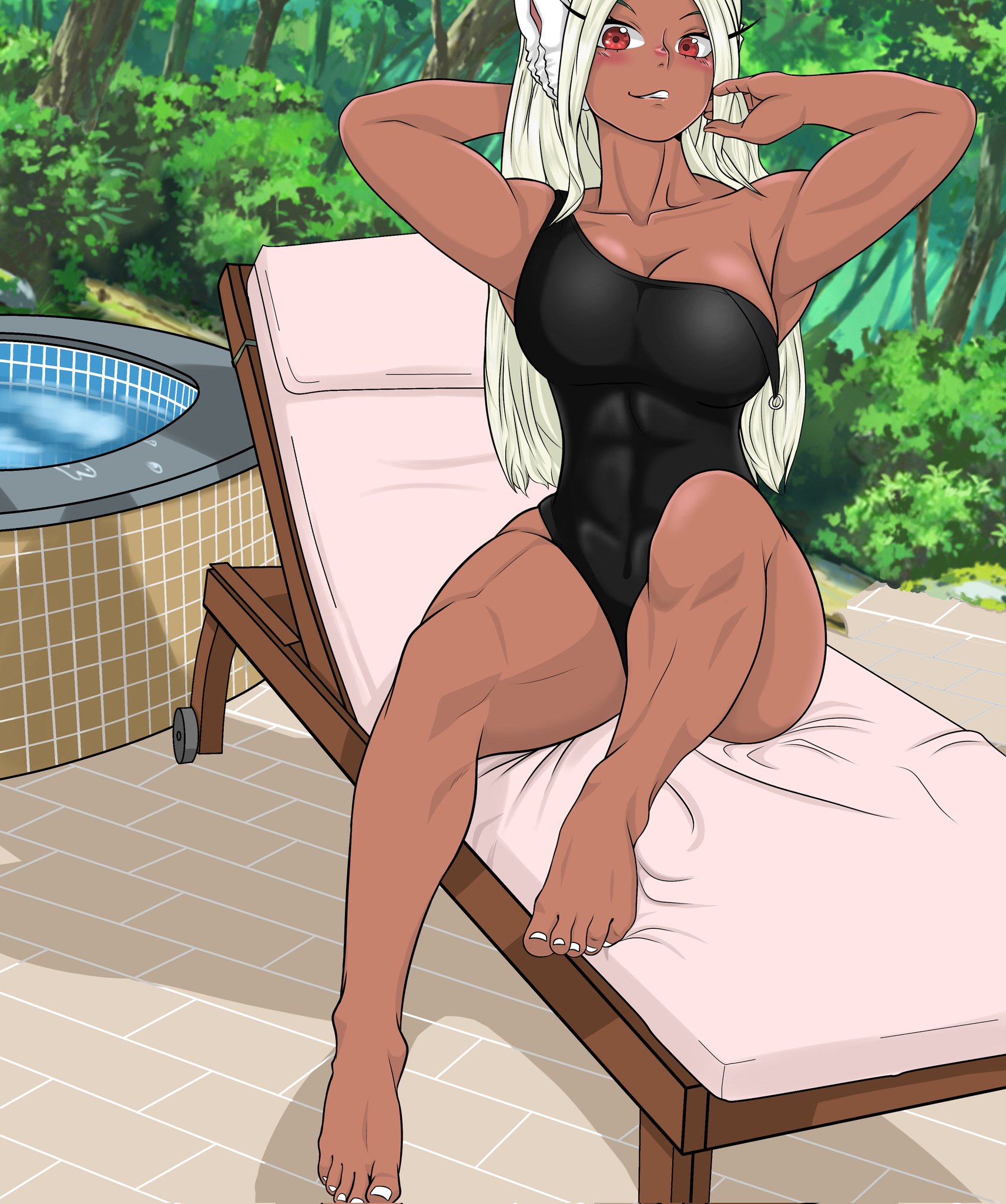 1girls, abs, animal ears, arms behind head, arms up, bare legs, bare shoulders, barefoot, biceps, big breasts, black swimsuit, blush, breasts, brown skin, bunny ears, chair, cleavage, dark skin, dark-skinned female, day, feet, female, female only, forest, fully clothed, highres, large breasts, long eyelashes, long hair, lounge chair, miruko, muscular, muscular female, muscular legs, muscular thighs, my hero academia, nail polish, nature, off shoulder, one-piece swimsuit, pool, rabbit girl, red eyes, rskaled, rumi usagiyama, smile, solo, solo focus, strap slip, swimsuit, teasing, thick thighs, thighs, tile floor, tiles, toes, toned, white fur, white hair