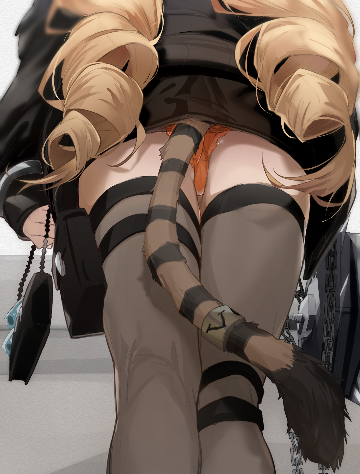 arknights, ass, black jacket, black legwear, black skirt, black thighhighs, braid, brown hair, brown legwear, chains, clothing, commentary request, female, from behind, from below, highres, holding, jacket, long hair, long sleeves, lower body, money, open clothes, open jacket, orange panties, panties, skirt, sleeves past wrists, solo, striped tail, swire (arknights), tail, tail ornament, tail ring, thighhighs, tiger tail, twin braids, underwear, uno ryoku, upskirt, very long hair