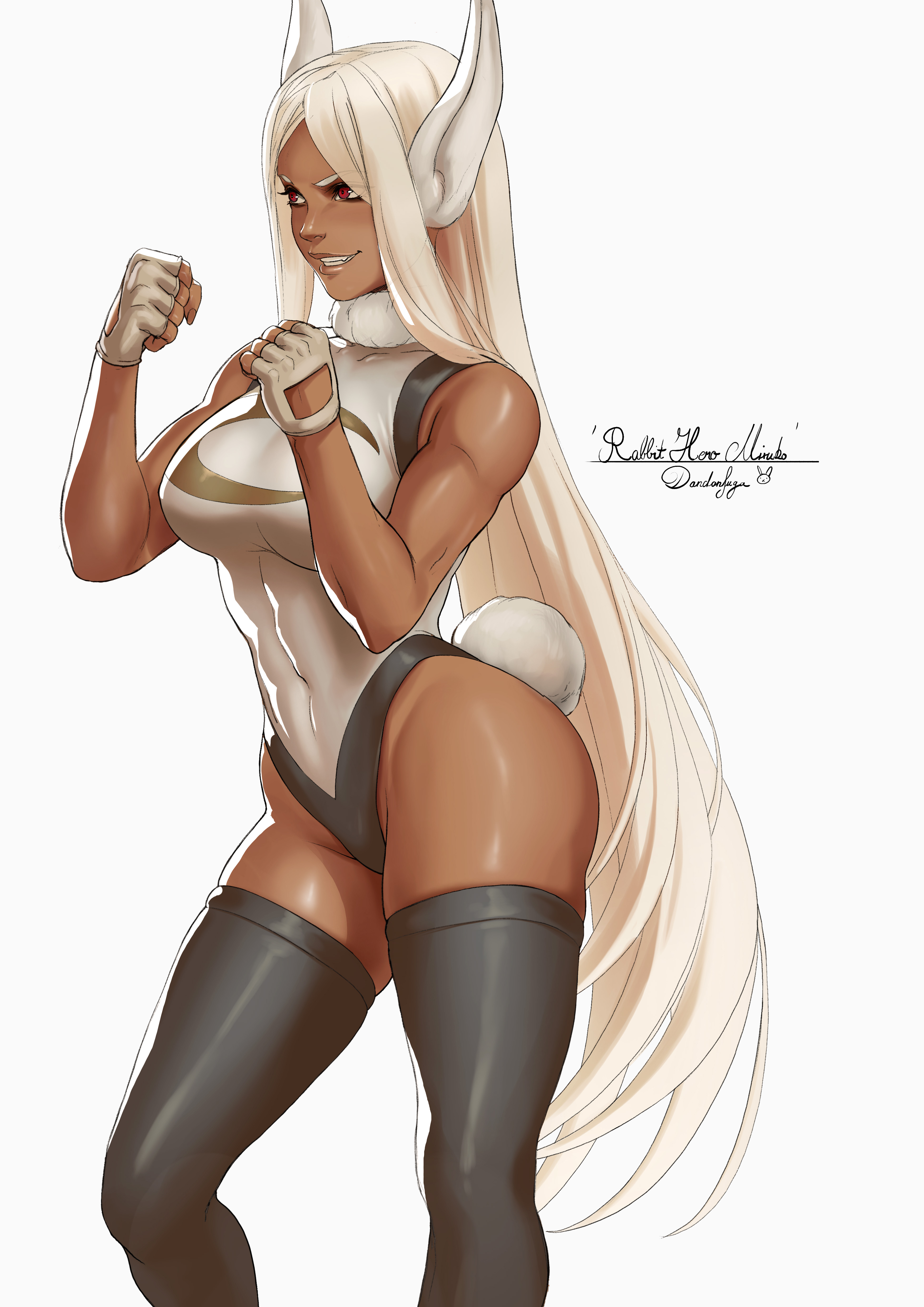 1girls, ass, big ass, big breasts, big butt, breasts, bunny ears, bunny girl, dandon fuga, dark skin, dark-skinned female, female, fingerless gloves, long hair, miruko, my hero academia, red eyes, rumi usagiyama, tagme, tan skin, thick, thick thighs, thighhighs, thin waist, white hair, wide hips