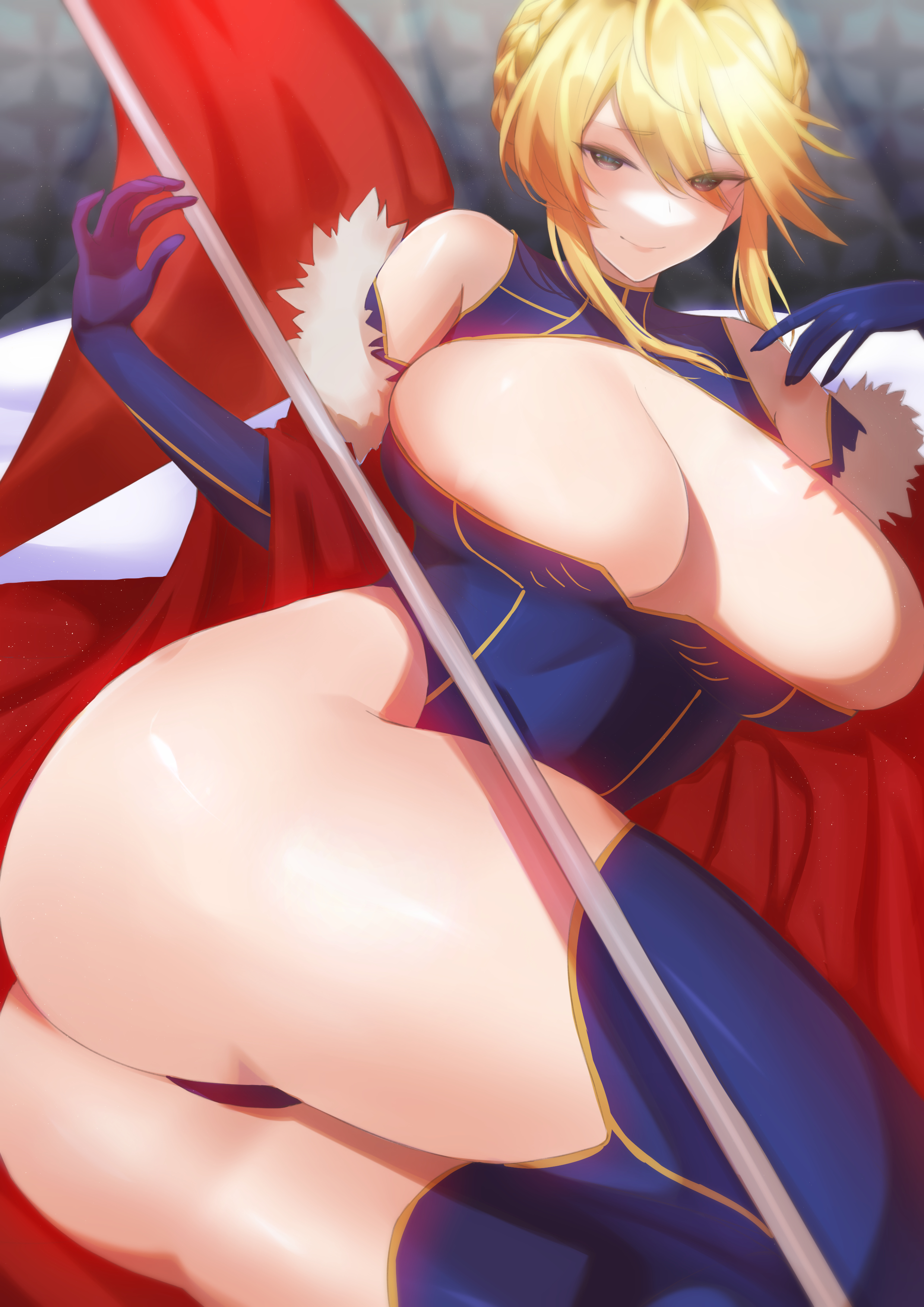 absurdres, artoria pendragon, artoria pendragon (all), artoria pendragon (lancer), ass, ass focus, bare shoulders, big ass, blonde hair, blue gloves, blue legwear, blue leotard, braid, breasts, cape, cleavage, cleavage cutout, clothing cutout, elbow gloves, fate (series), fate/grand order, female, french braid, fur trim, fur-trimmed cape, gloves, green eyes, hair between eyes, highleg, highleg leotard, highres, huge ass, jikuyuki (ysesst96262), large breasts, leotard, long hair, looking at viewer, red cape, sidelocks, smile, solo, thick thighs, thighhighs, thighs, type-moon