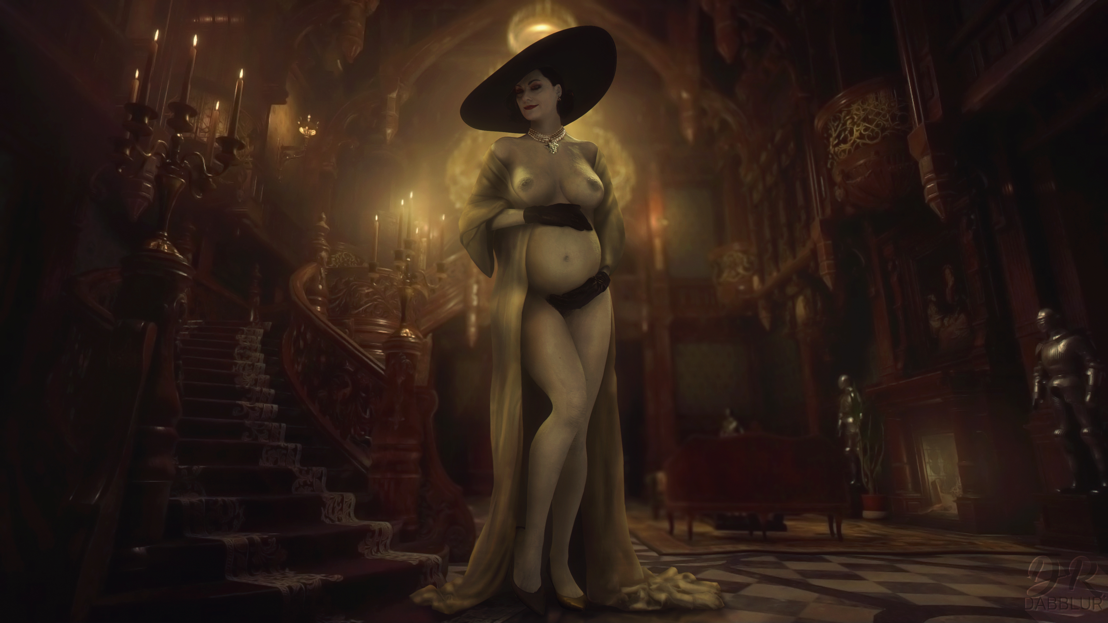 1girls, 3d, 4k, absurdres, alcina dimitrescu, areolae, big breasts, breasts, drdabblur, female, female only, highres, large breasts, light skin, light-skinned female, mature female, milf, nipples, pale skin, pale-skinned female, pregnant, pregnant older female, pubic hair, resident evil, resident evil 8: village, solo, source filmmaker