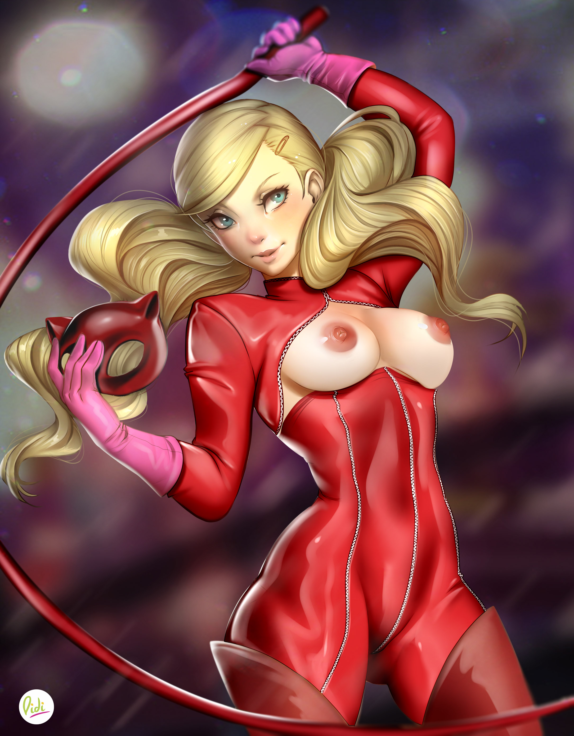 ann takamaki, blonde hair, blush, bodysuit, breasts, didi esmeralda, female, green eyes, long hair, nipples, persona, persona 5, phantom thief suit, red bodysuit, solo, twintails