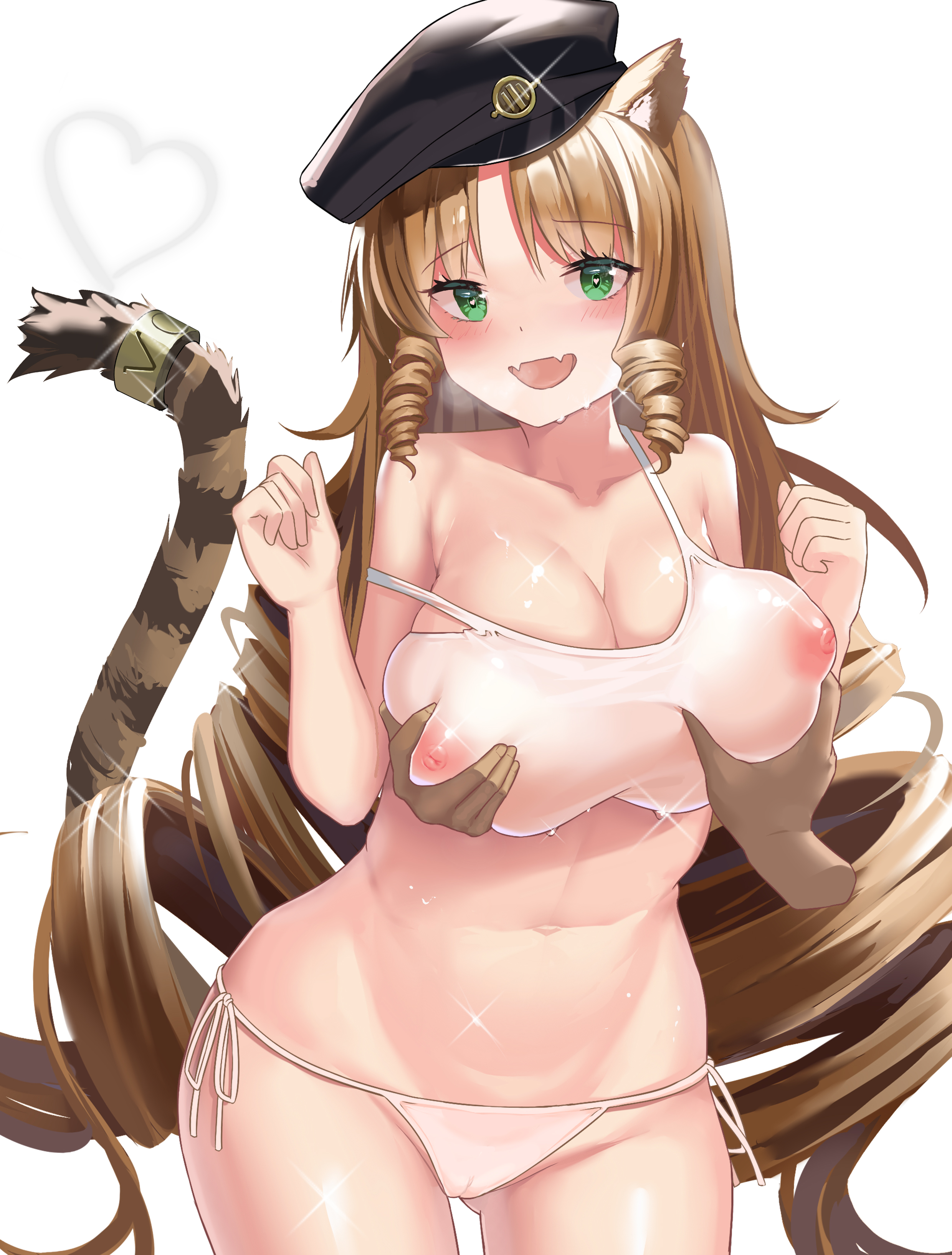 :d, 1boy, 1girls, absurdres, animal ear fluff, animal ears, areolae, arknights, ass visible through thighs, bangs, bare shoulders, beret, big breasts, bikini, blush, bra, breast grab, breasts, brown hair, cameltoe, cleavage, collarbone, cute, cute fangs, dark skin, dark-skinned male, disembodied hands, drill hair, embarrassed, eyebrows visible through hair, fangs, female, female focus, green eyes, groping, hamachi hazuki, hat, heart, heart-shaped pupils, heavy breathing, highres, horny, huge breasts, large breasts, light skin, light-skinned female, long hair, looking at viewer, male, military hat, naughty face, navel, nipples, nipples visible through clothing, open mouth, partially clothed, photoshop (medium), pussy, see-through, see-through bra, see-through panties, shiny skin, side-tie bikini, simple background, smile, spear of slayer, sweat, swimsuit, swire (arknights), tail, tail ornament, thick thighs, thighs, tiger ears, tiger girl, tiger tail, topwear, underwear, underwear only, very long hair, white background, white bikini, wide hips