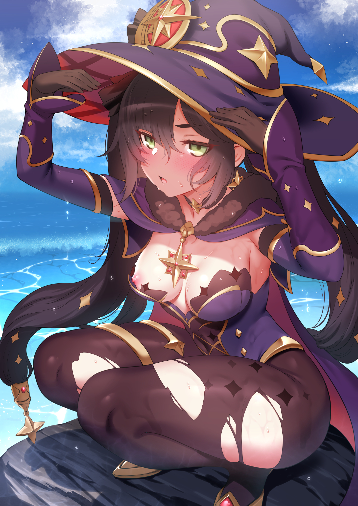 1girls, blush, breasts, female, genshin impact, gloves, green eyes, half-closed eyes, hi res, leotard, looking at viewer, m-da s-tarou, mage, mona (genshin impact), nipples, one breast out, pantyhose, purple hair, solo, squatting, thick thighs, torn legwear, torn pantyhose, twintails, wet, witch hat