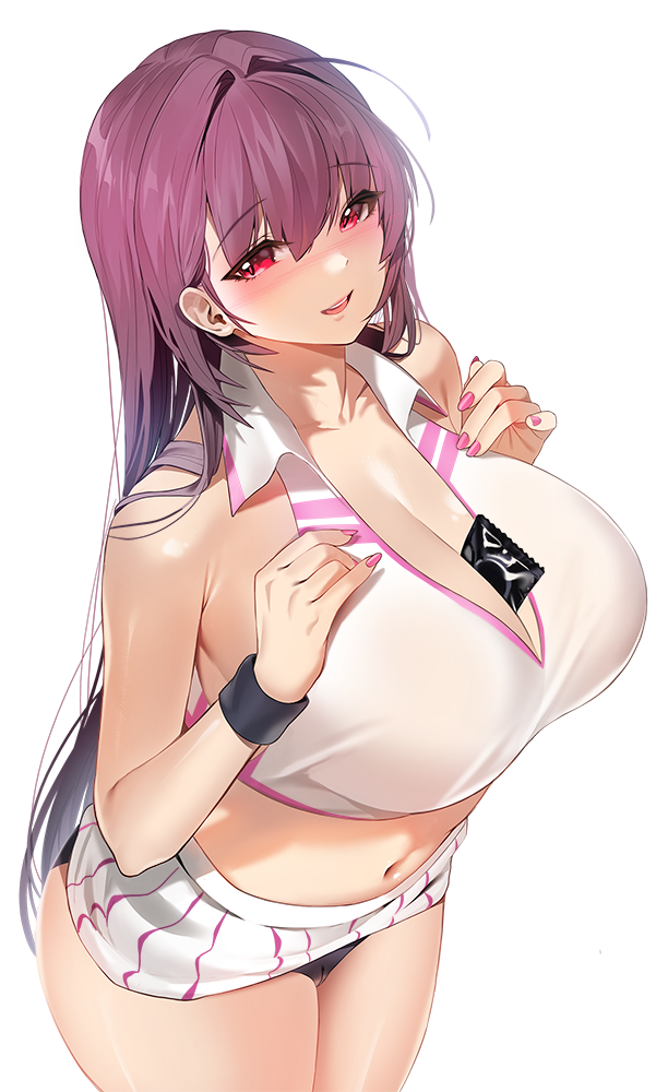 big_breasts condom damda purple_hair red_eyes scathach_(fate) scathach_(fate)_(all) tennis_uniform