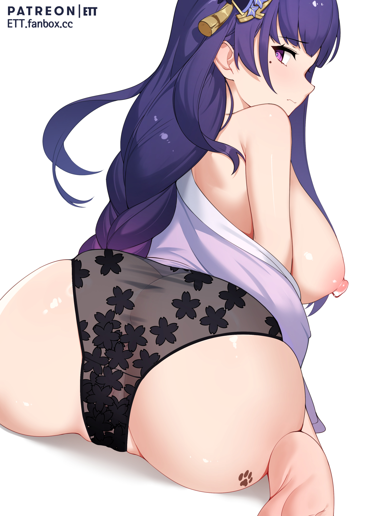 1girls, ass, ass focus, barefoot, big ass, big breasts, black panties, blush, braid, breasts, ett, feet, female, from behind, genshin impact, hi res, huge ass, kimono, nipples, panties, paws, purple eyes, purple hair, raiden shogun, underwear