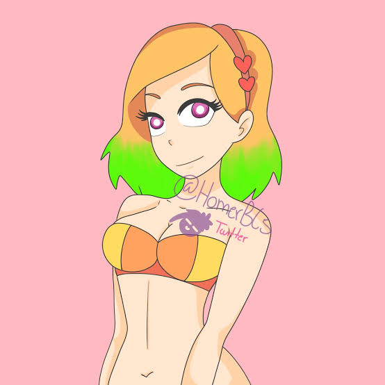 ann_chica_(fnafhs) blonde_hair chica_(fnafhs) fhs fhsz3r0 fnafhs fnafhs_z3ro green_hair homerbls purple_eyes short_hair swimsuit two_tone_hair