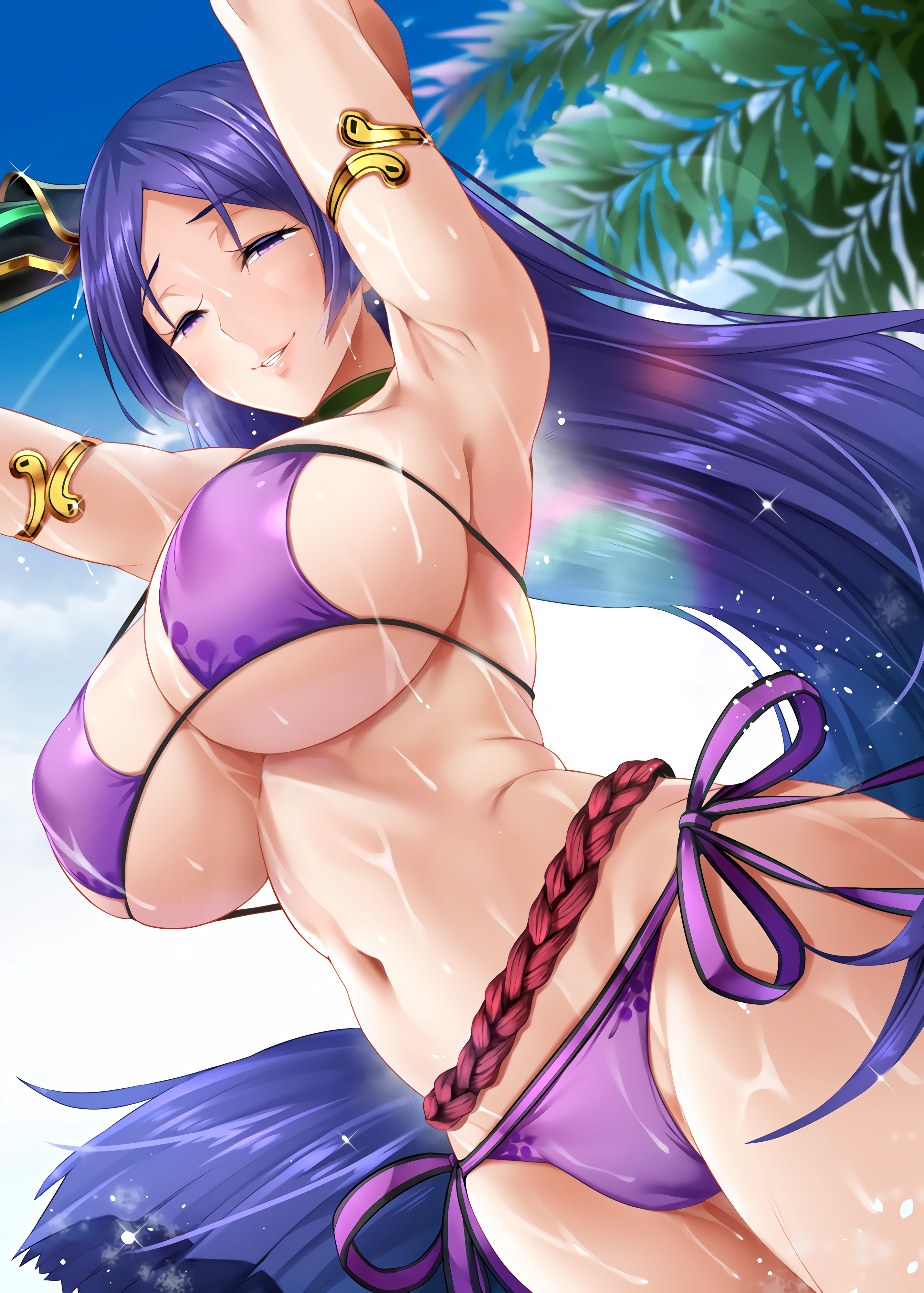 armlet, armpits, arms behind head, arms up, bangs, bare shoulders, bikini, black gloves, blue sky, blush, breasts, cameltoe, cleavage, collarbone, curvy, day, eyebrows visible through hair, eyepatch bikini, fate (series), fate/grand order, female, gloves, large breasts, long hair, looking at viewer, low-tied long hair, minamoto no raikou (fate/grand order), minamoto no raikou (swimsuit lancer), navel, oni-noboru, outdoors, parted bangs, parted lips, purple bikini, purple eyes, purple hair, pussy, resized, rope, single glove, sky, smile, solo, standing, stomach, swimsuit, very long hair, wet, wide hips